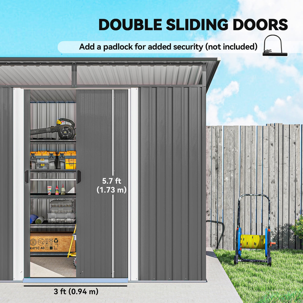 Outsunny 9ft x 6.5ft Garden Storage Shed with Top Window, Metal Outdoor Shed Tool House with Double Doors, Light Grey - SGP Garden Ltd