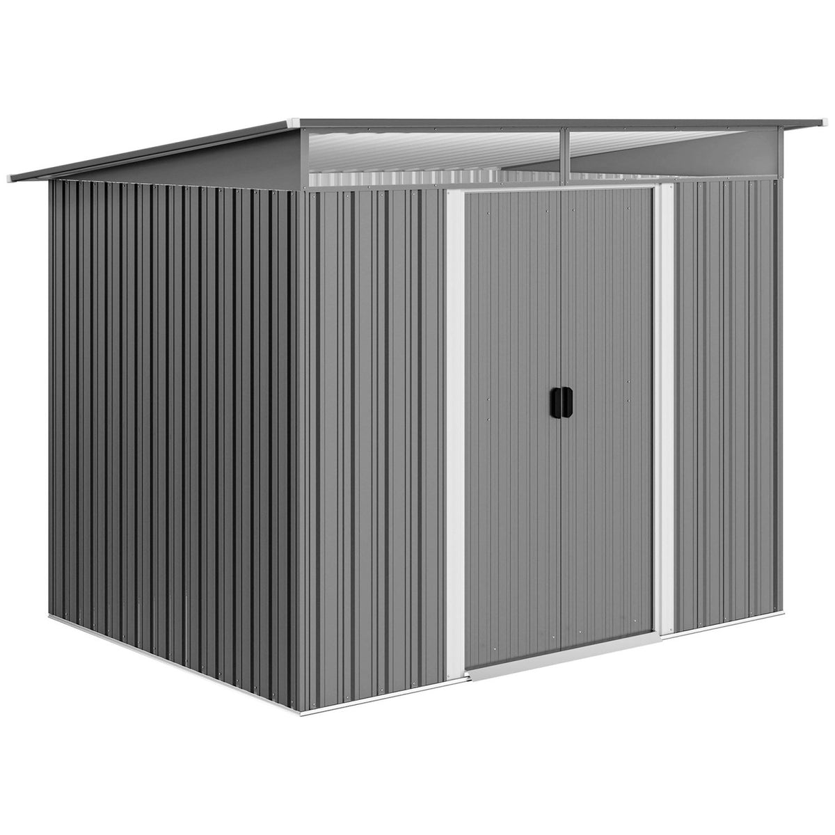 Outsunny 9ft x 6.5ft Garden Storage Shed with Top Window, Metal Outdoor Shed Tool House with Double Doors, Light Grey - SGP Garden Ltd