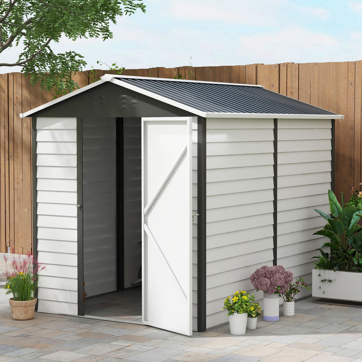 Outsunny 9x 6FT Metal Outdoor Garden Shed, Galvanised Tool Storage Shed w/ Sloped Roof, Lockable Door for Patio Lawn, Dark Grey - SGP Garden Ltd