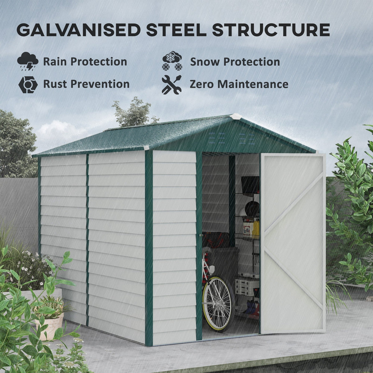 Outsunny 9x 6FT Metal Outdoor Garden Shed, Galvanised Tool Storage Shed w/ Sloped Roof, Lockable Door for Patio Lawn, Green - SGP Garden Ltd
