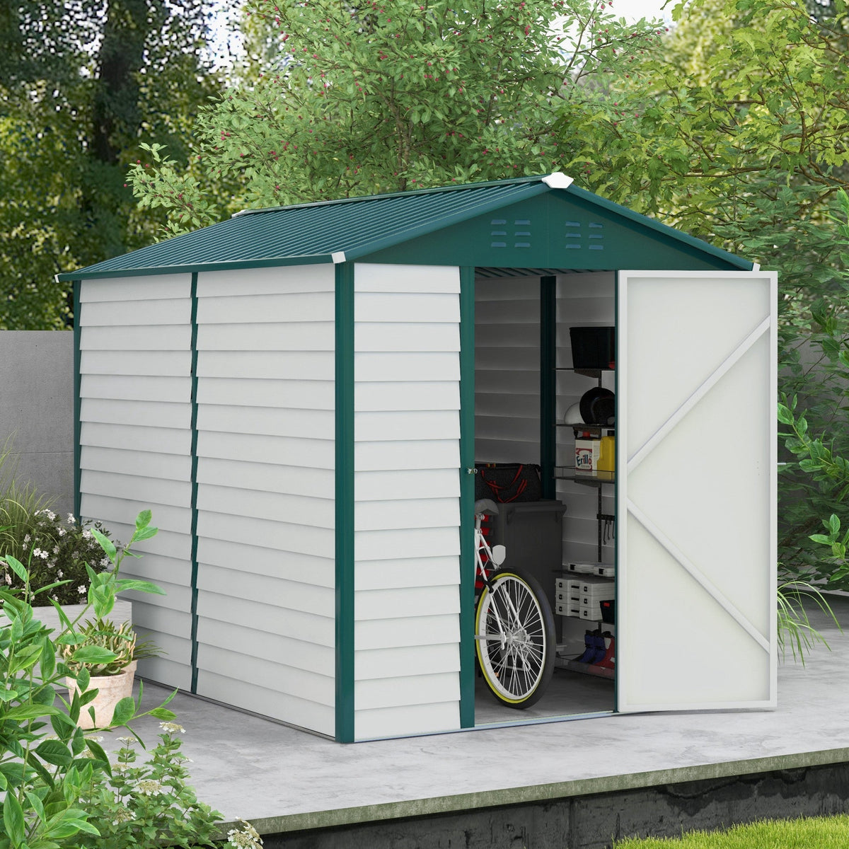 Outsunny 9x 6FT Metal Outdoor Garden Shed, Galvanised Tool Storage Shed w/ Sloped Roof, Lockable Door for Patio Lawn, Green - SGP Garden Ltd