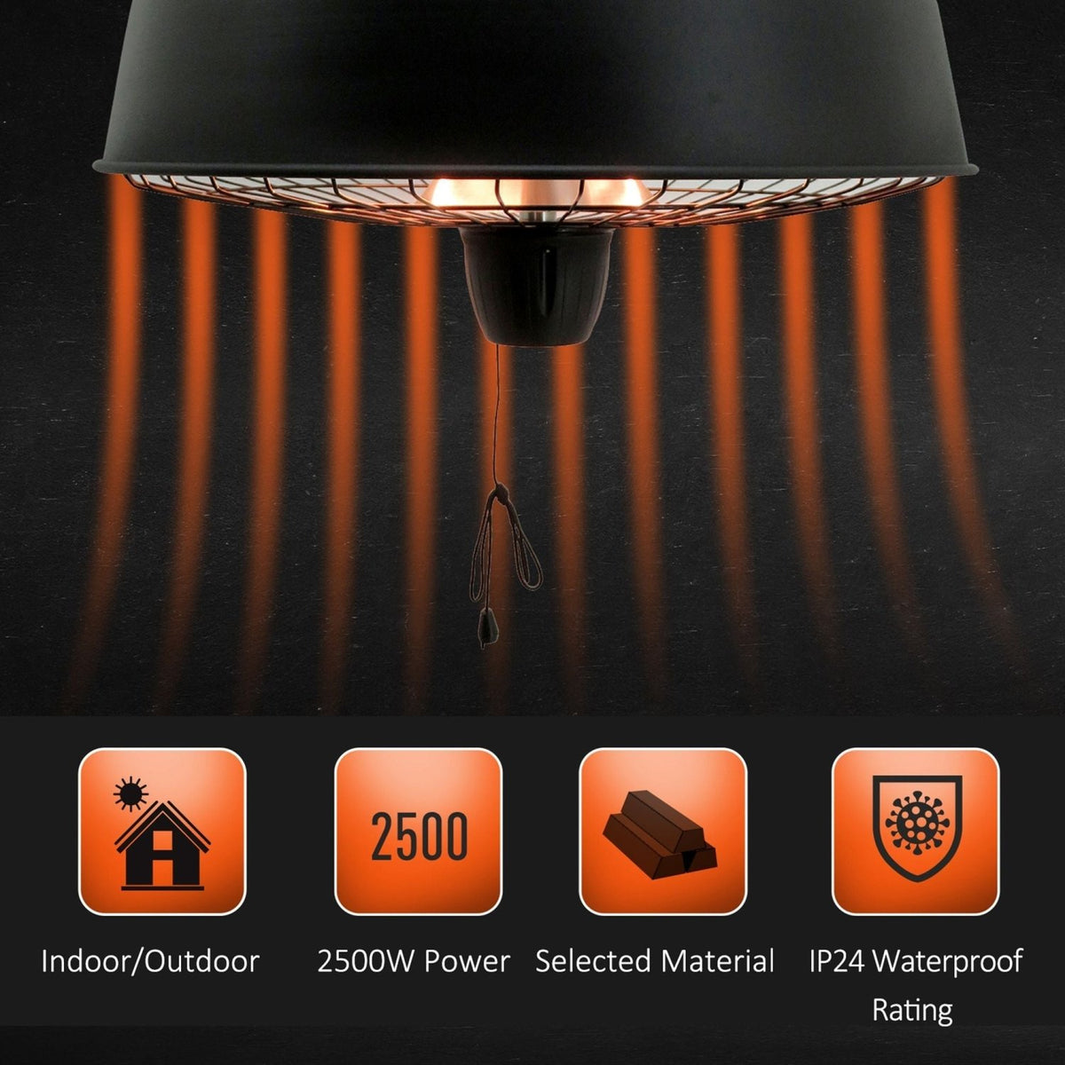 Outsunny Adjustable Power 1000/2500W Infrared Halogen Electric Patio Light Heater, Ceiling Hanging Mount -Black - SGP Garden Ltd