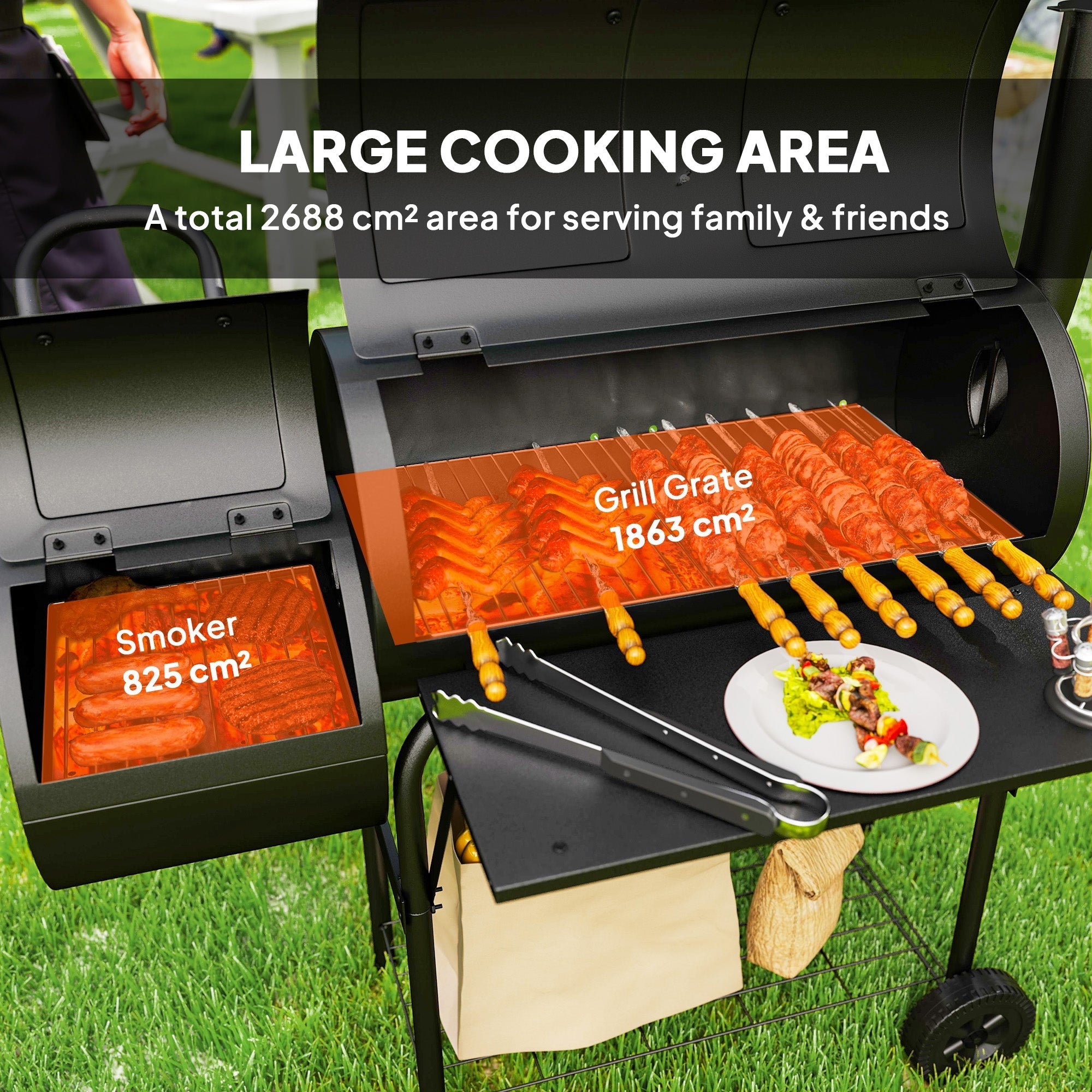 Outsunny Barbecue Grill Portable Outdoor Charcoal BBQ Grill with Offset Smoker 109 x 60 x 120 cm Black - SGP Garden Ltd