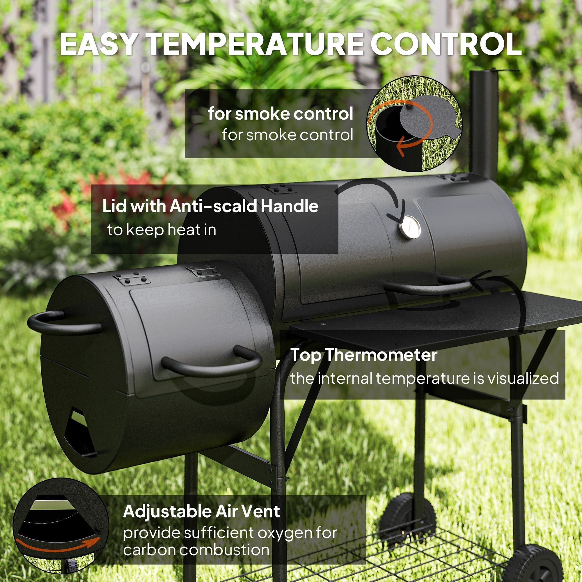 Outsunny Barbecue Grill Portable Outdoor Charcoal BBQ Grill with Offset Smoker 109 x 60 x 120 cm Black - SGP Garden Ltd