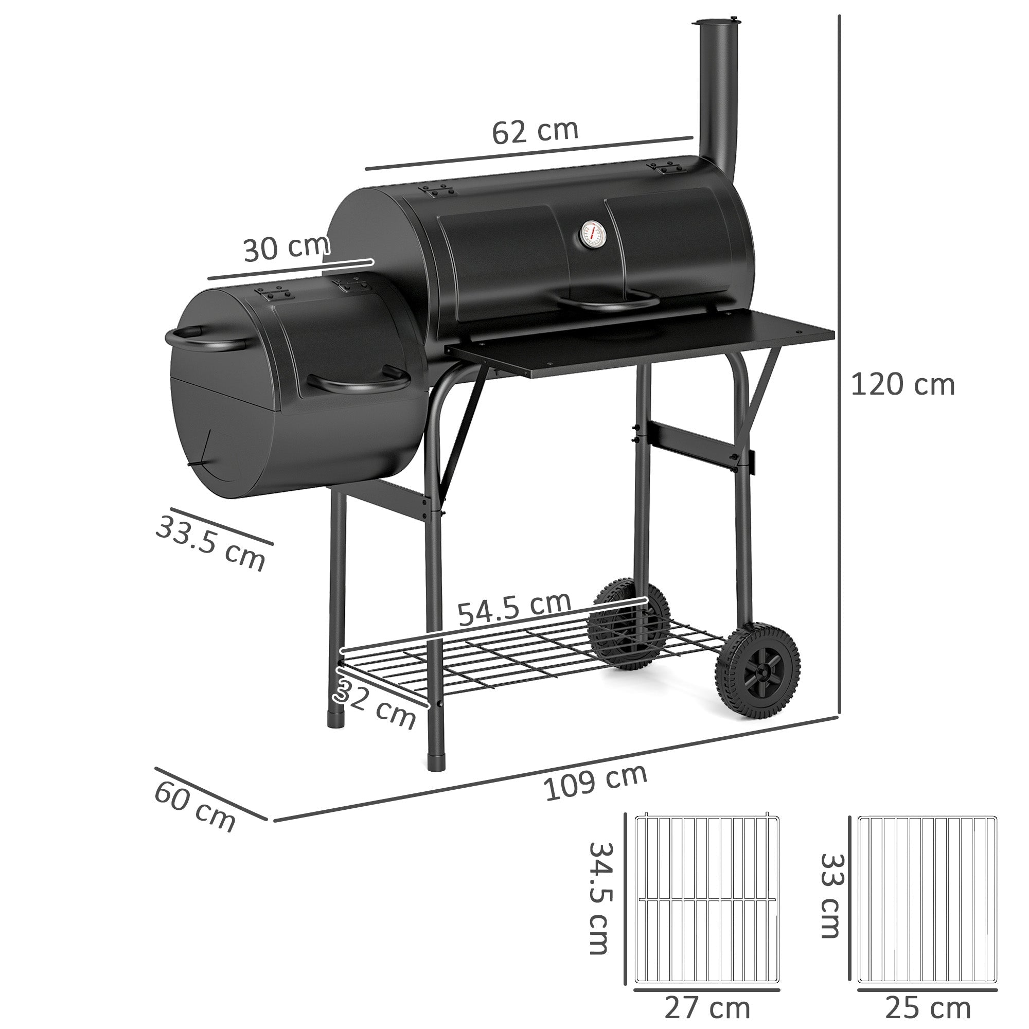 Outsunny Barbecue Grill Portable Outdoor Charcoal BBQ Grill with Offset Smoker 109 x 60 x 120 cm Black - SGP Garden Ltd