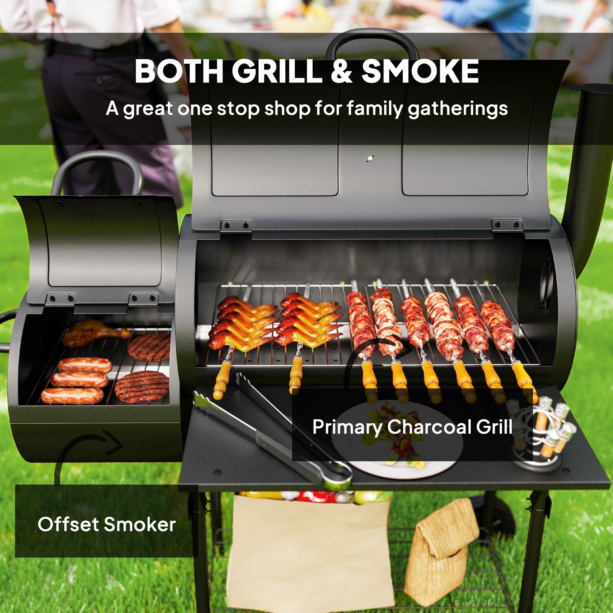 Outsunny Barbecue Grill Portable Outdoor Charcoal BBQ Grill with Offset Smoker 109 x 60 x 120 cm Black - SGP Garden Ltd