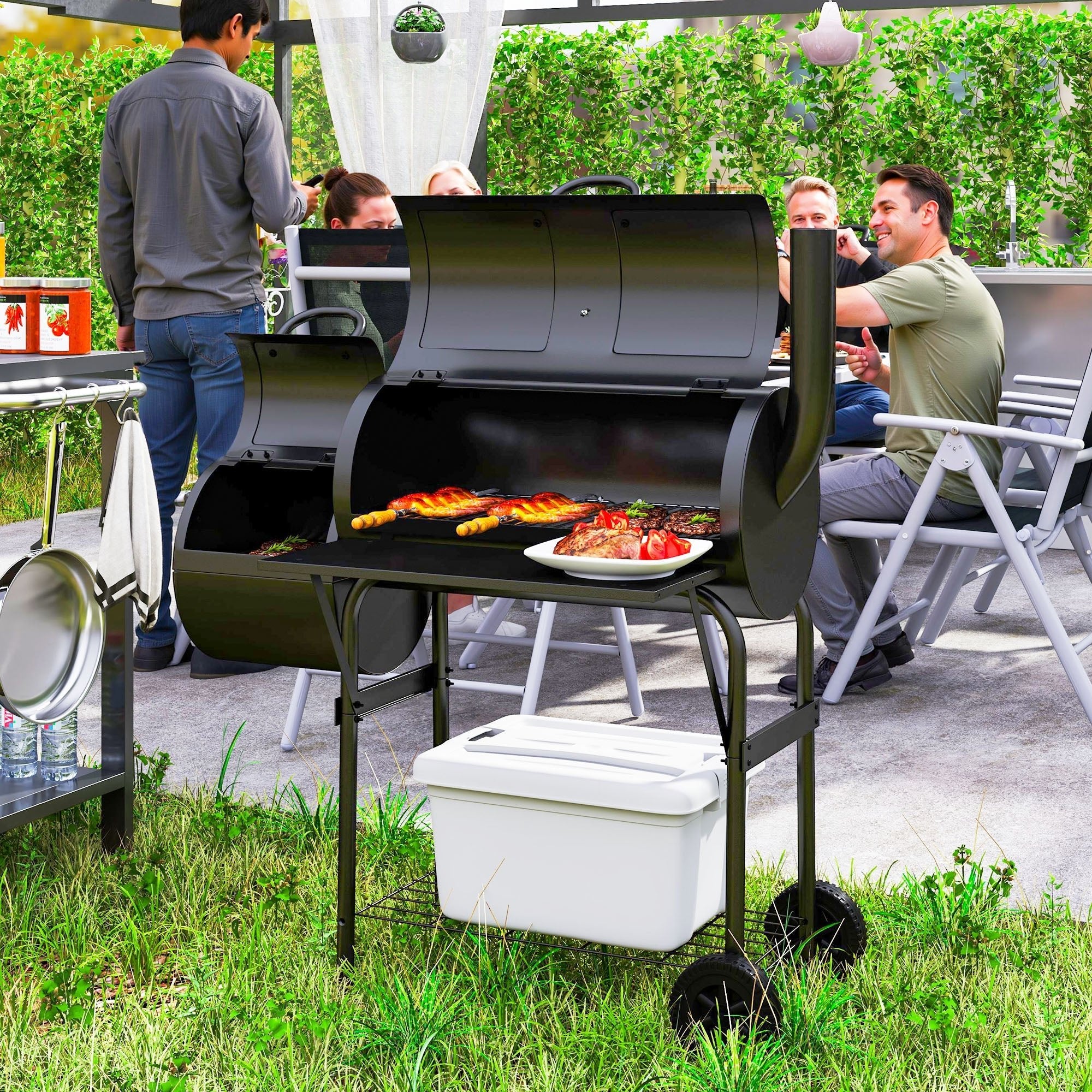 Outsunny Barbecue Grill Portable Outdoor Charcoal BBQ Grill with Offset Smoker 109 x 60 x 120 cm Black - SGP Garden Ltd