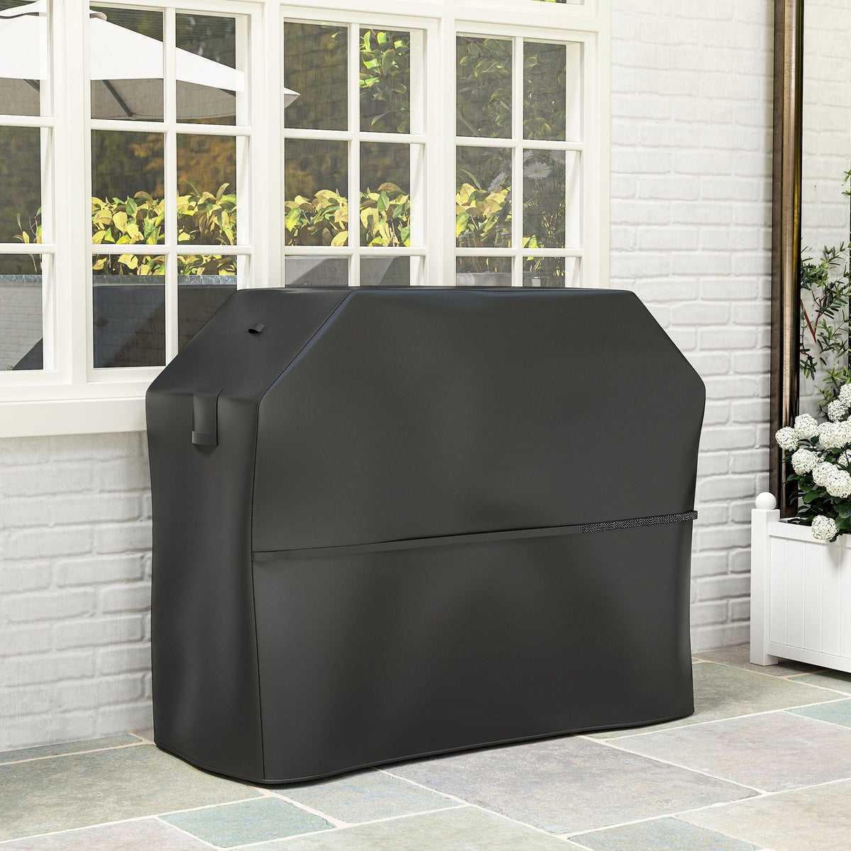 Outsunny BBQ Cover for Rectangular Gas Grill, 600D UPF30+ Oxford Fabric Barbecue Cover for Waterproof Protection Rip-Proof, with Windproof Hook and Loop Fasteners, Vents, 147 x 61 x 122 cm, Black - SGP Garden Ltd