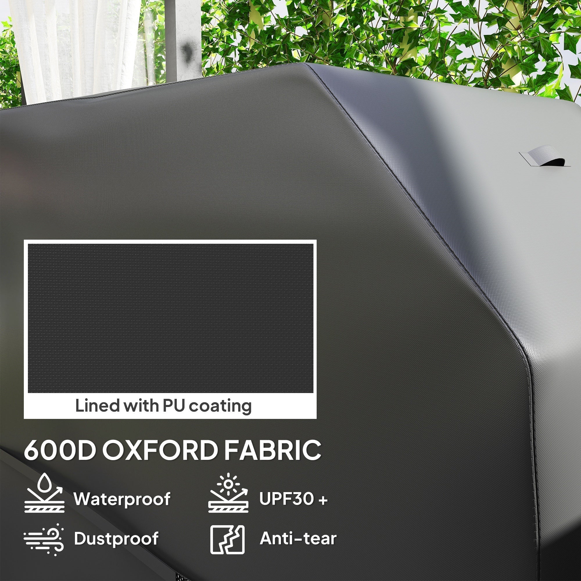 Outsunny BBQ Cover for Rectangular Gas Grill, 600D UPF30+ Oxford Fabric Barbecue Cover for Waterproof Protection Rip-Proof, with Windproof Hook and Loop Fasteners, Vents, 147 x 61 x 122 cm, Black - SGP Garden Ltd