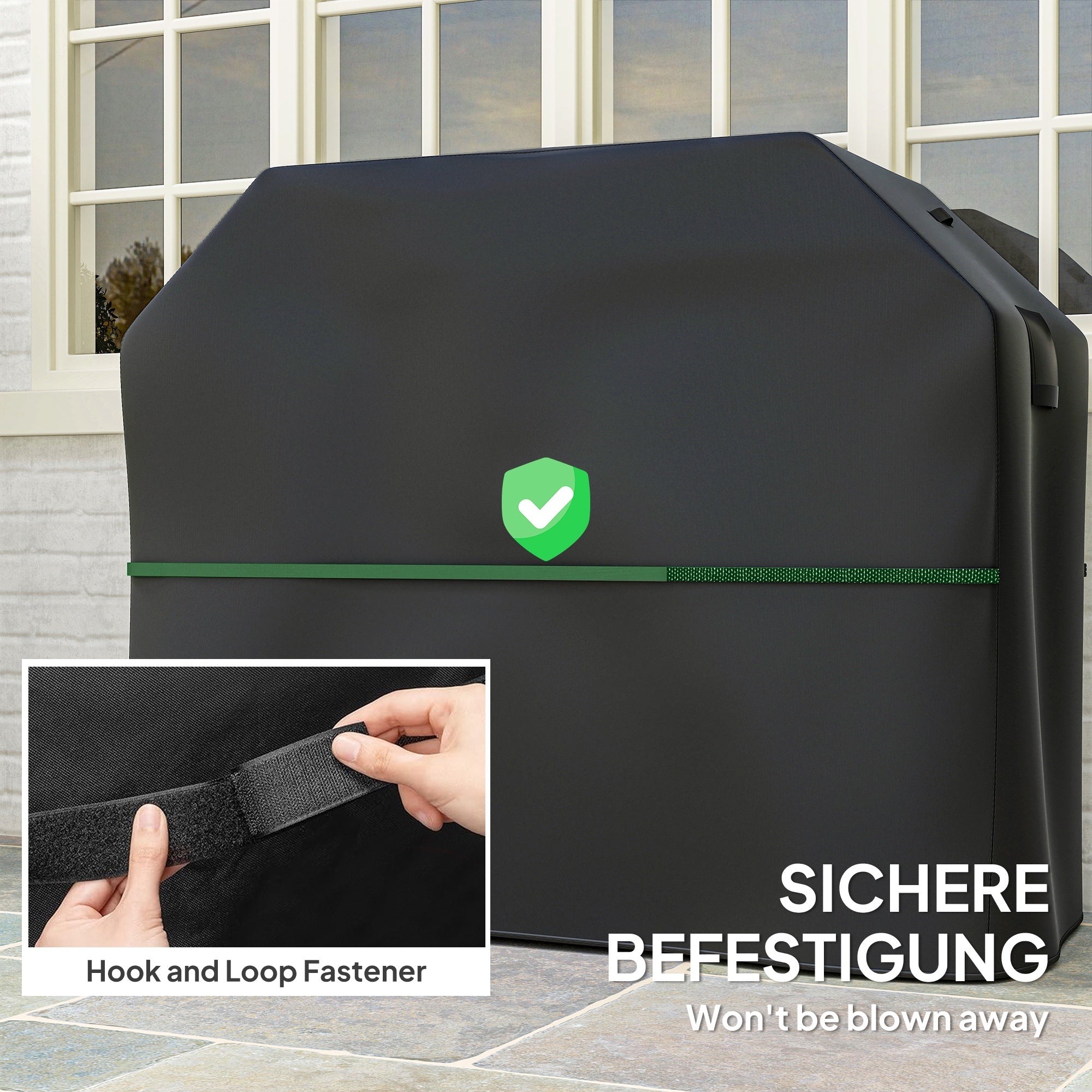Outsunny BBQ Cover for Rectangular Gas Grill, 600D UPF30+ Oxford Fabric Barbecue Cover for Waterproof Protection Rip-Proof, with Windproof Hook and Loop Fasteners, Vents, 147 x 61 x 122 cm, Black - SGP Garden Ltd
