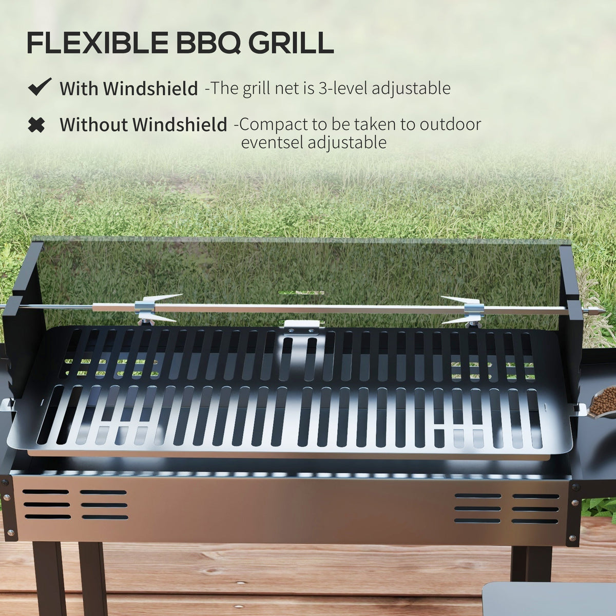Outsunny BBQ Rotisserie Grill Roaster Charcoal Spit Roasting Machine for Chicken Turkey with 3-Level Grill Grate, Side Shelves - SGP Garden Ltd