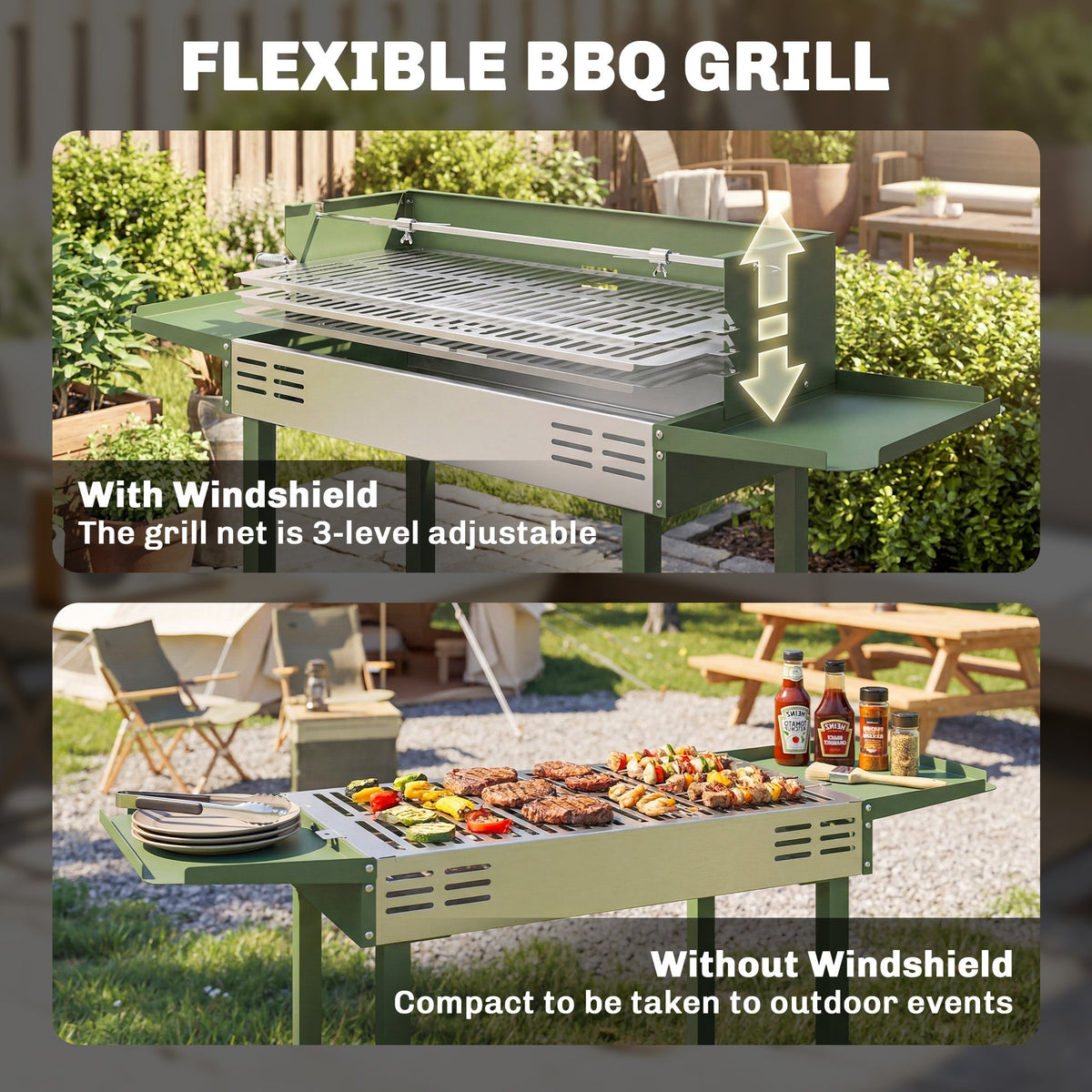 Outsunny BBQ Rotisserie Grill Roaster Charcoal Spit Roasting Machine for Chicken Turkey with 3-Level Grill Grate, Side Shelves, Dark Green - SGP Garden Ltd