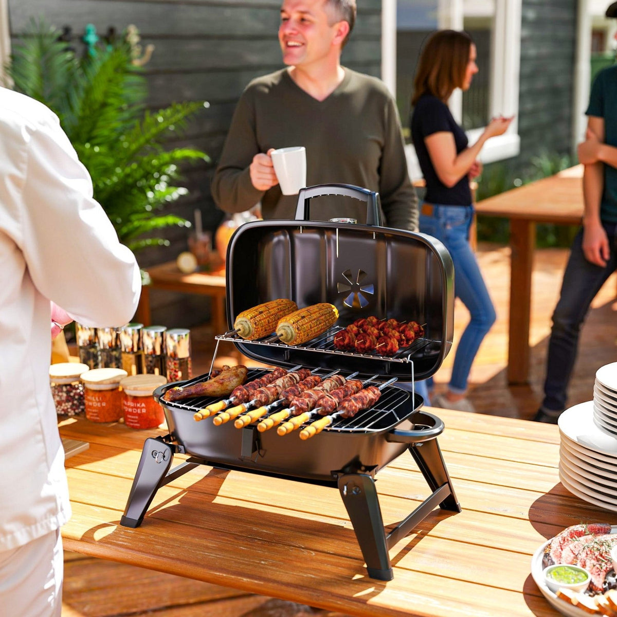 Outsunny Charcoal Barbecue Grill Folding BBQ Grill with 1232 cm² Cooking Area, Adjustable Vent, Thermometer, Handles for Camping Picnic, Black - SGP Garden Ltd