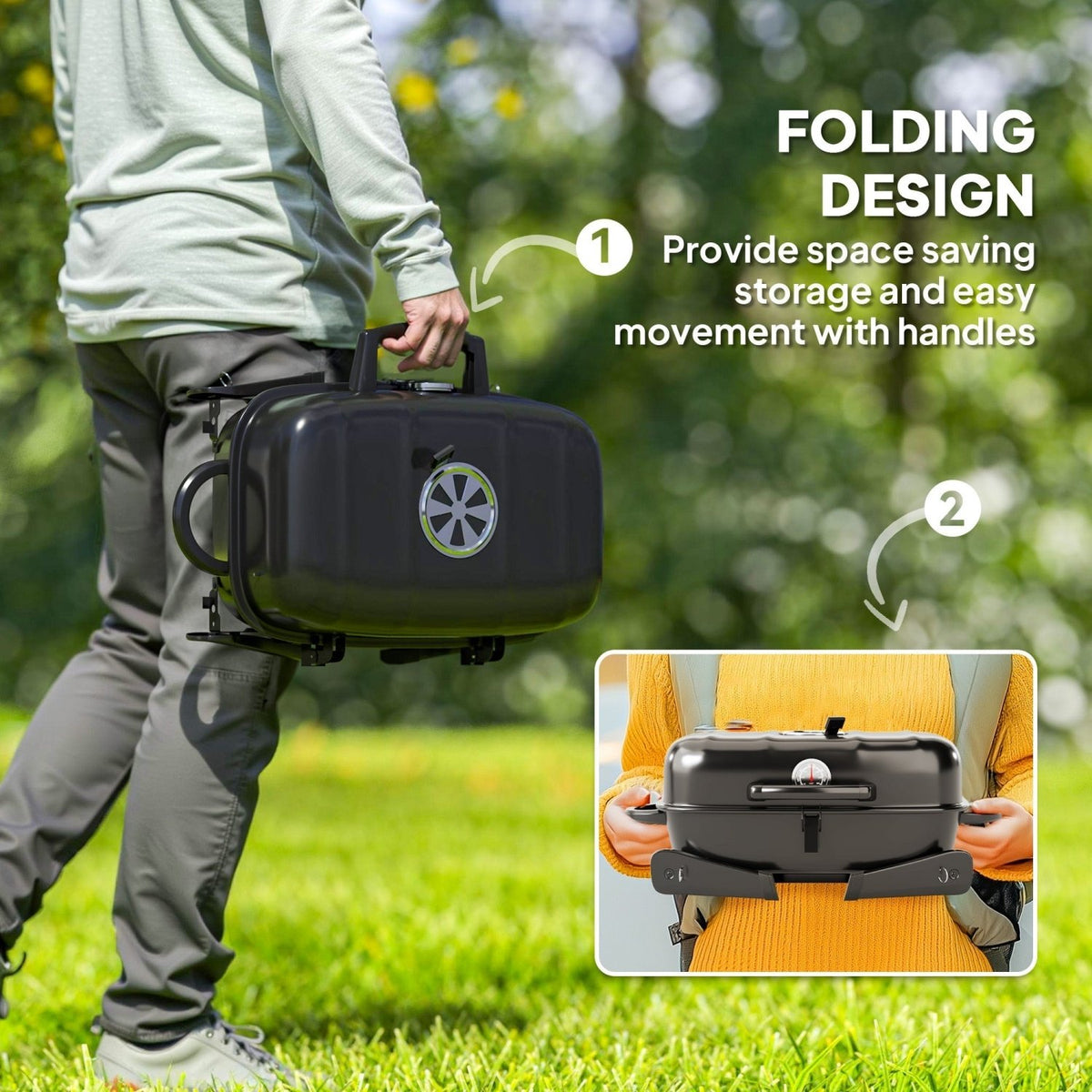 Outsunny Charcoal Barbecue Grill Folding BBQ Grill with 1232 cm² Cooking Area, Adjustable Vent, Thermometer, Handles for Camping Picnic, Black - SGP Garden Ltd