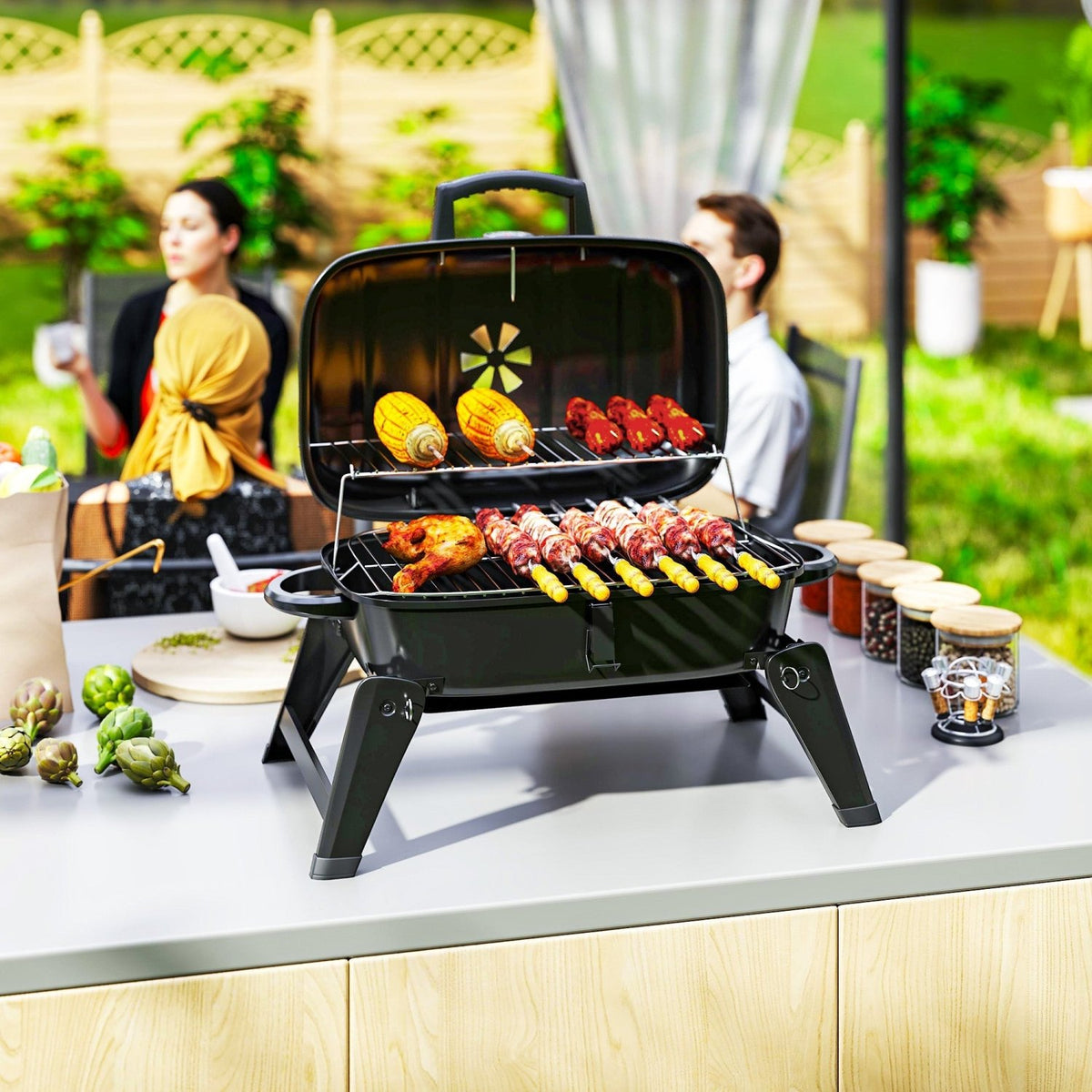 Outsunny Charcoal Barbecue Grill Folding BBQ Grill with 1232 cm² Cooking Area, Adjustable Vent, Thermometer, Handles for Camping Picnic, Black - SGP Garden Ltd