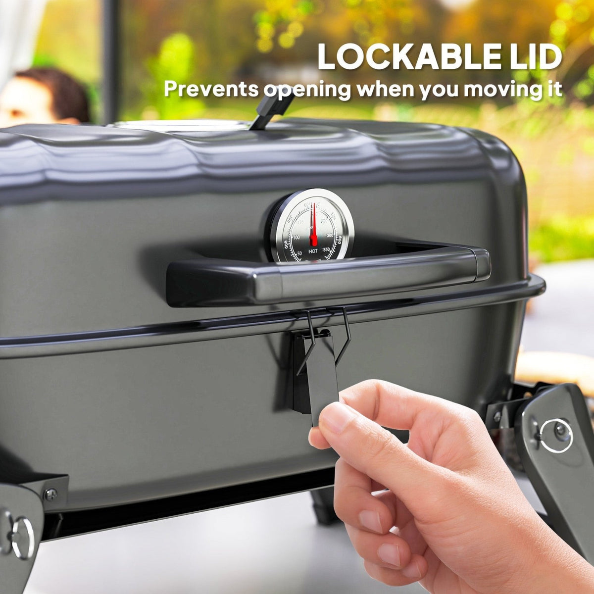 Outsunny Charcoal Barbecue Grill Folding BBQ Grill with 1232 cm² Cooking Area, Adjustable Vent, Thermometer, Handles for Camping Picnic, Black - SGP Garden Ltd