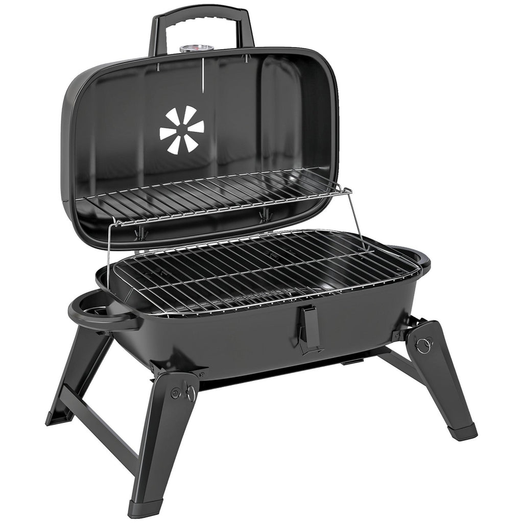 Outsunny Charcoal Barbecue Grill Folding BBQ Grill with 1232 cm² Cooking Area, Adjustable Vent, Thermometer, Handles for Camping Picnic, Black - SGP Garden Ltd