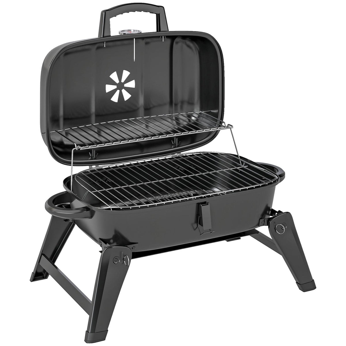 Outsunny Charcoal Barbecue Grill Folding BBQ Grill with 1232 cm² Cooking Area, Adjustable Vent, Thermometer, Handles for Camping Picnic, Black - SGP Garden Ltd