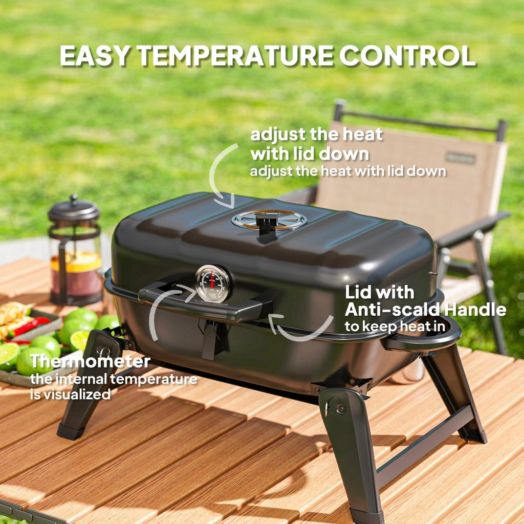 Outsunny Charcoal Barbecue Grill Folding BBQ Grill with 1232 cm² Cooking Area, Adjustable Vent, Thermometer, Handles for Camping Picnic, Black - SGP Garden Ltd