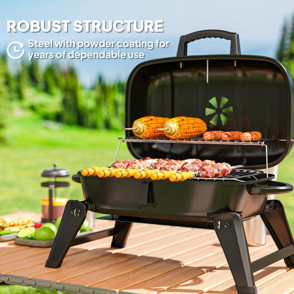 Outsunny Charcoal Barbecue Grill Folding BBQ Grill with 1232 cm² Cooking Area, Adjustable Vent, Thermometer, Handles for Camping Picnic, Black - SGP Garden Ltd