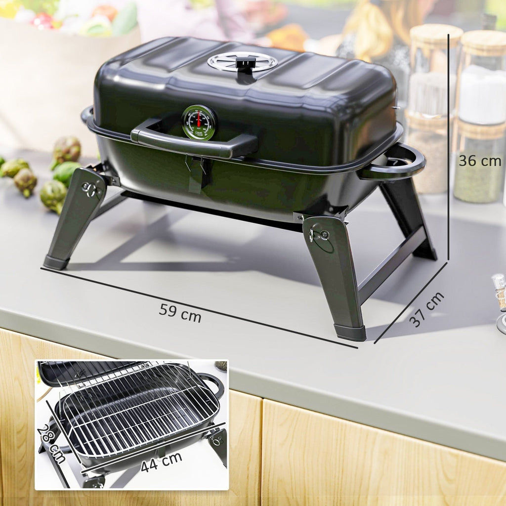 Outsunny Charcoal Barbecue Grill Folding BBQ Grill with 1232 cm² Cooking Area, Adjustable Vent, Thermometer, Handles for Camping Picnic, Black - SGP Garden Ltd