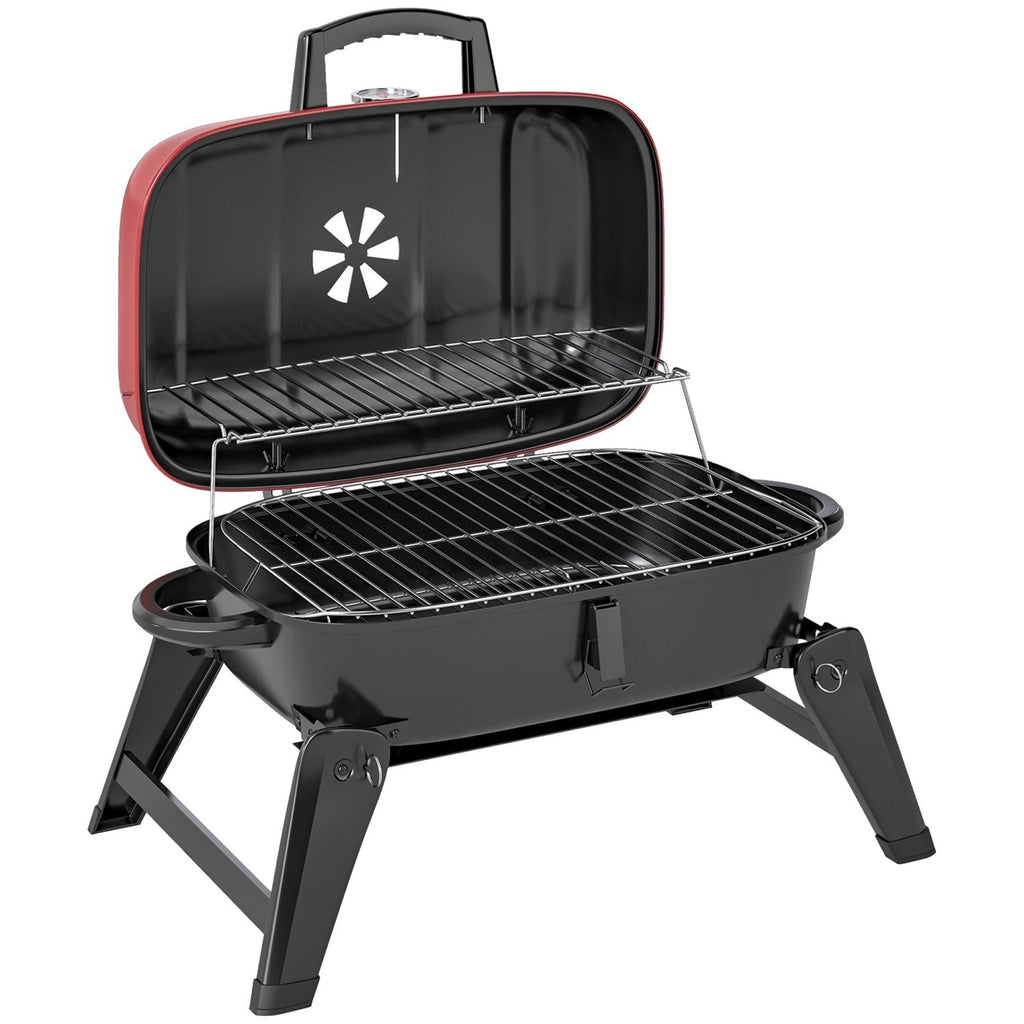 Outsunny Charcoal Barbecue Grill Folding BBQ Grill with 1232 cm² Cooking Area, Adjustable Vent, Thermometer, Handles for Camping Picnic, Red - SGP Garden Ltd
