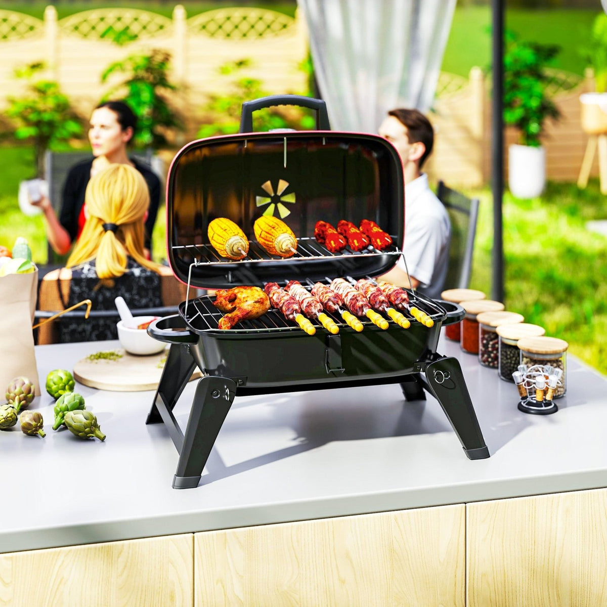 Outsunny Charcoal Barbecue Grill Folding BBQ Grill with 1232 cm² Cooking Area, Adjustable Vent, Thermometer, Handles for Camping Picnic, Red - SGP Garden Ltd