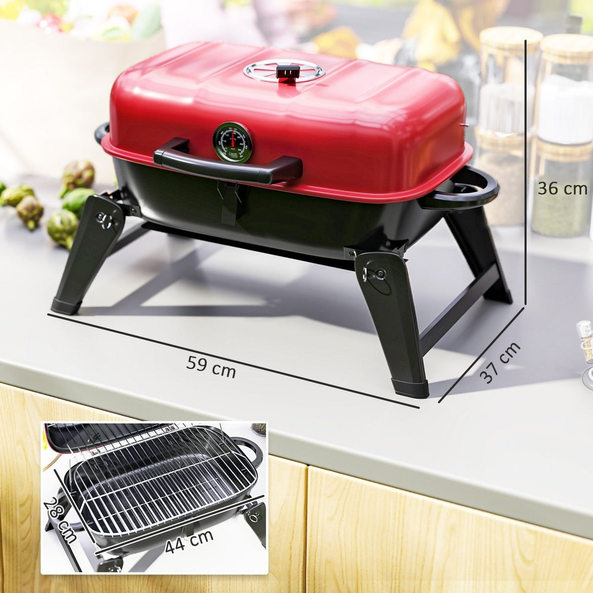 Outsunny Charcoal Barbecue Grill Folding BBQ Grill with 1232 cm² Cooking Area, Adjustable Vent, Thermometer, Handles for Camping Picnic, Red - SGP Garden Ltd