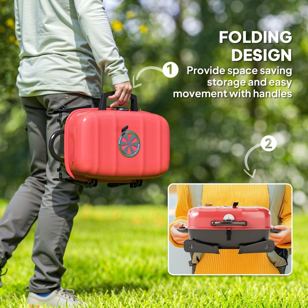 Outsunny Charcoal Barbecue Grill Folding BBQ Grill with 1232 cm² Cooking Area, Adjustable Vent, Thermometer, Handles for Camping Picnic, Red - SGP Garden Ltd