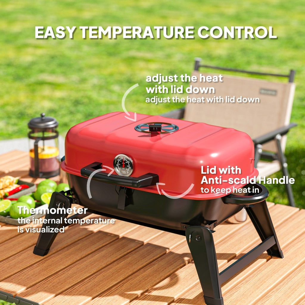 Outsunny Charcoal Barbecue Grill Folding BBQ Grill with 1232 cm² Cooking Area, Adjustable Vent, Thermometer, Handles for Camping Picnic, Red - SGP Garden Ltd