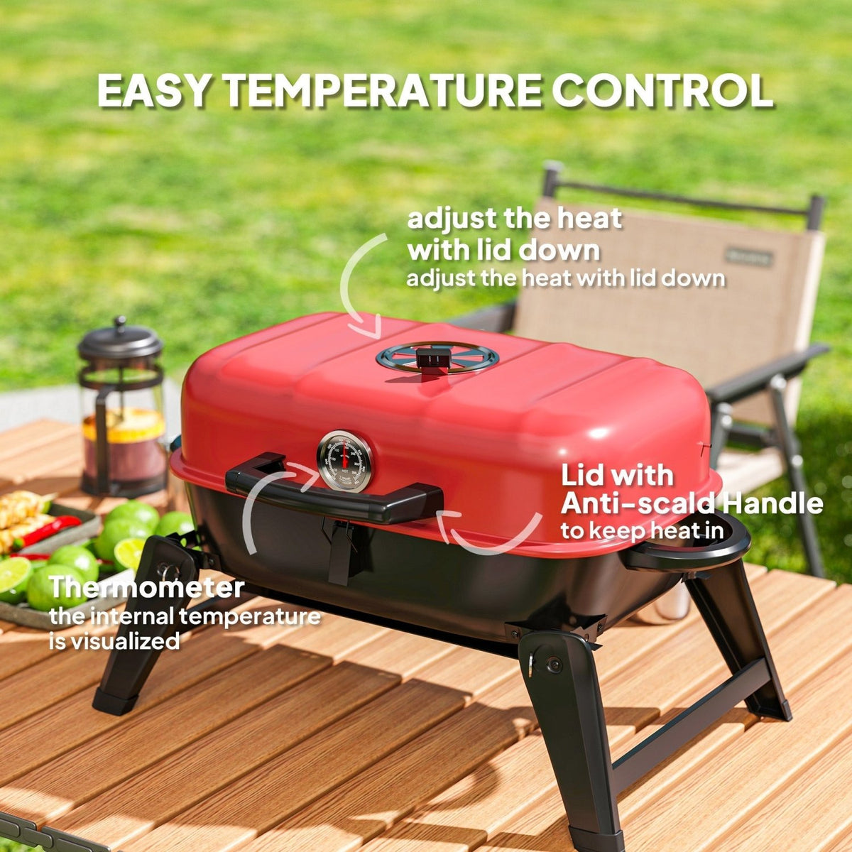 Outsunny Charcoal Barbecue Grill Folding BBQ Grill with 1232 cm² Cooking Area, Adjustable Vent, Thermometer, Handles for Camping Picnic, Red - SGP Garden Ltd