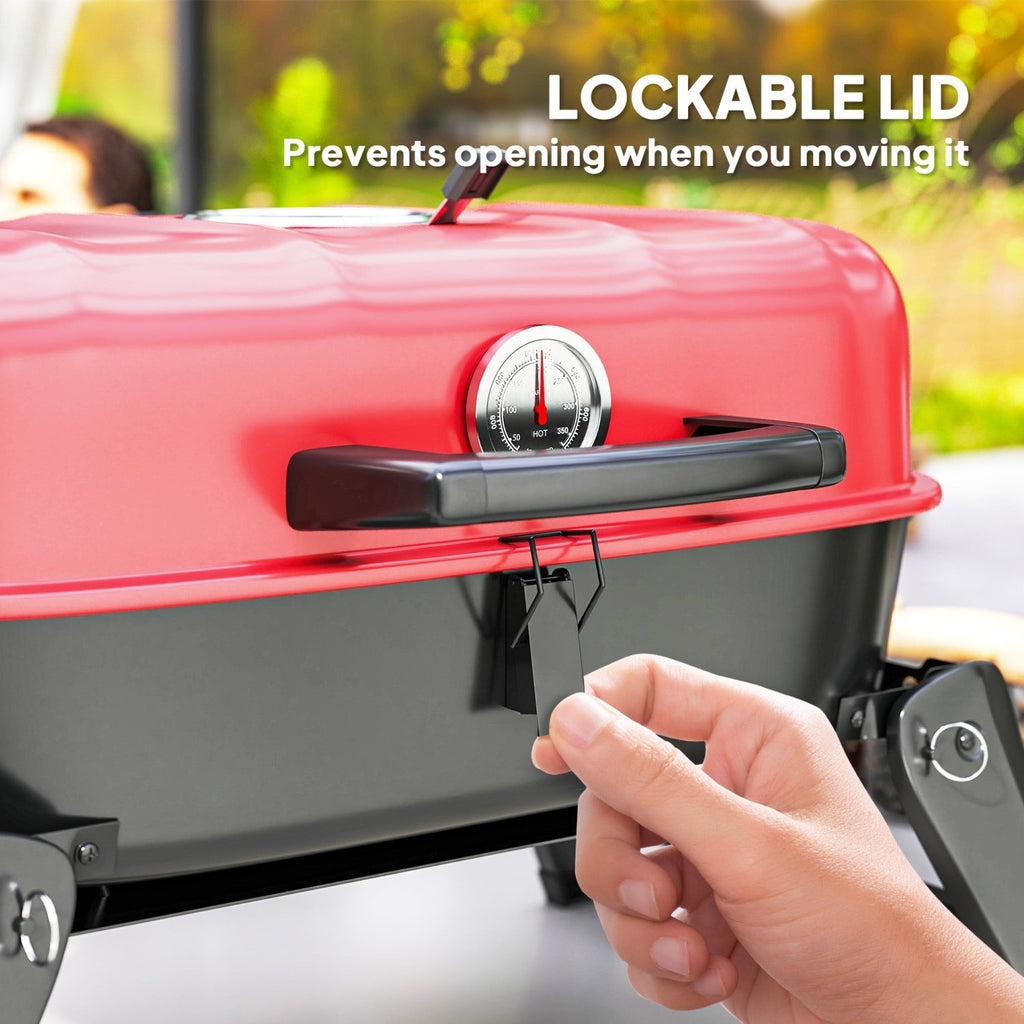 Outsunny Charcoal Barbecue Grill Folding BBQ Grill with 1232 cm² Cooking Area, Adjustable Vent, Thermometer, Handles for Camping Picnic, Red - SGP Garden Ltd