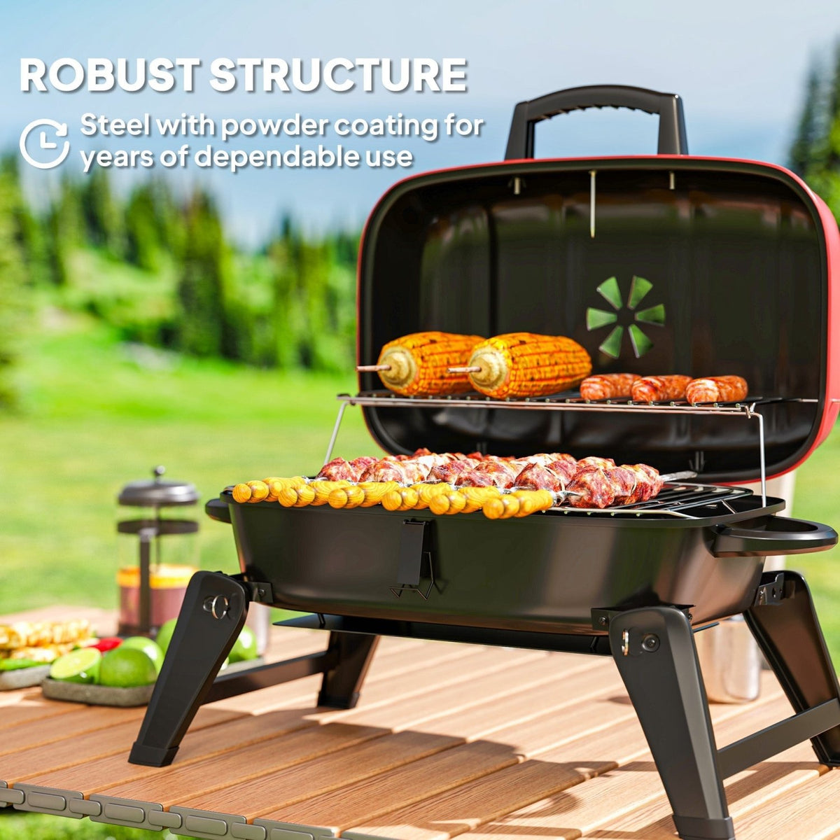 Outsunny Charcoal Barbecue Grill Folding BBQ Grill with 1232 cm² Cooking Area, Adjustable Vent, Thermometer, Handles for Camping Picnic, Red - SGP Garden Ltd
