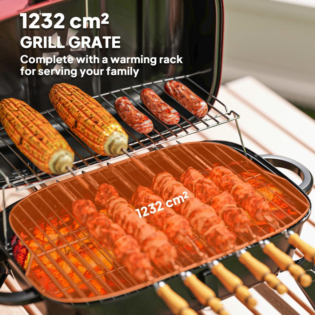 Outsunny Charcoal Barbecue Grill Folding BBQ Grill with 1232 cm² Cooking Area, Adjustable Vent, Thermometer, Handles for Camping Picnic, Red - SGP Garden Ltd