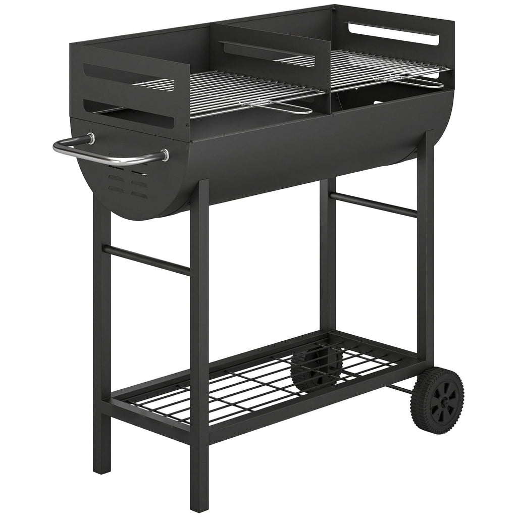 Outsunny Charcoal Barbecue Grill with 2 Cooking Areas, Portable BBQ Trolley with Wheels, Height Adjustable Grates, Bottom Shelf - SGP Garden Ltd