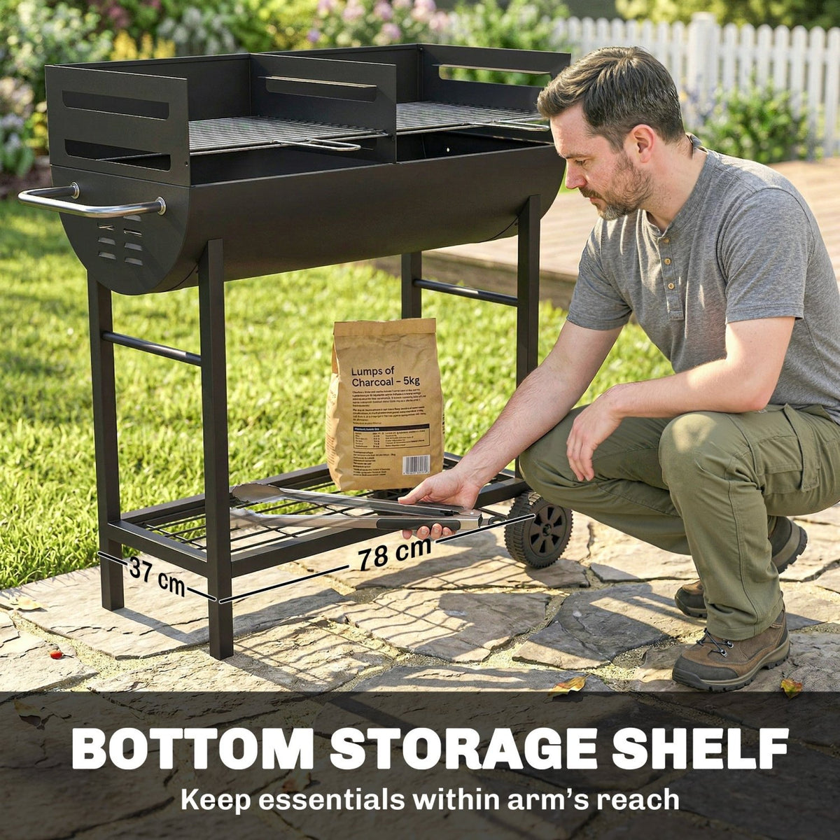 Outsunny Charcoal Barbecue Grill with 2 Cooking Areas, Portable BBQ Trolley with Wheels, Height Adjustable Grates, Bottom Shelf - SGP Garden Ltd