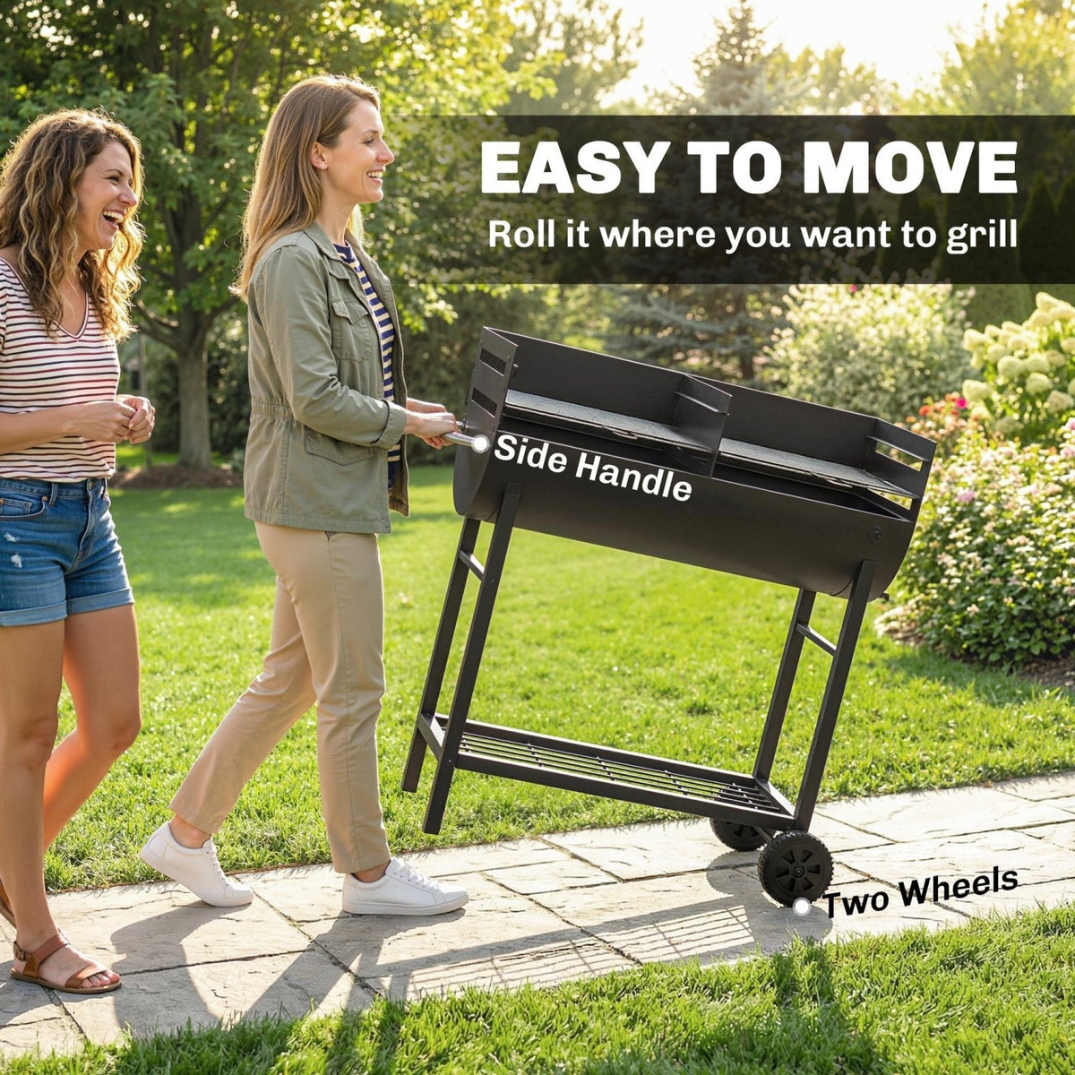 Outsunny Charcoal Barbecue Grill with 2 Cooking Areas, Portable BBQ Trolley with Wheels, Height Adjustable Grates, Bottom Shelf - SGP Garden Ltd