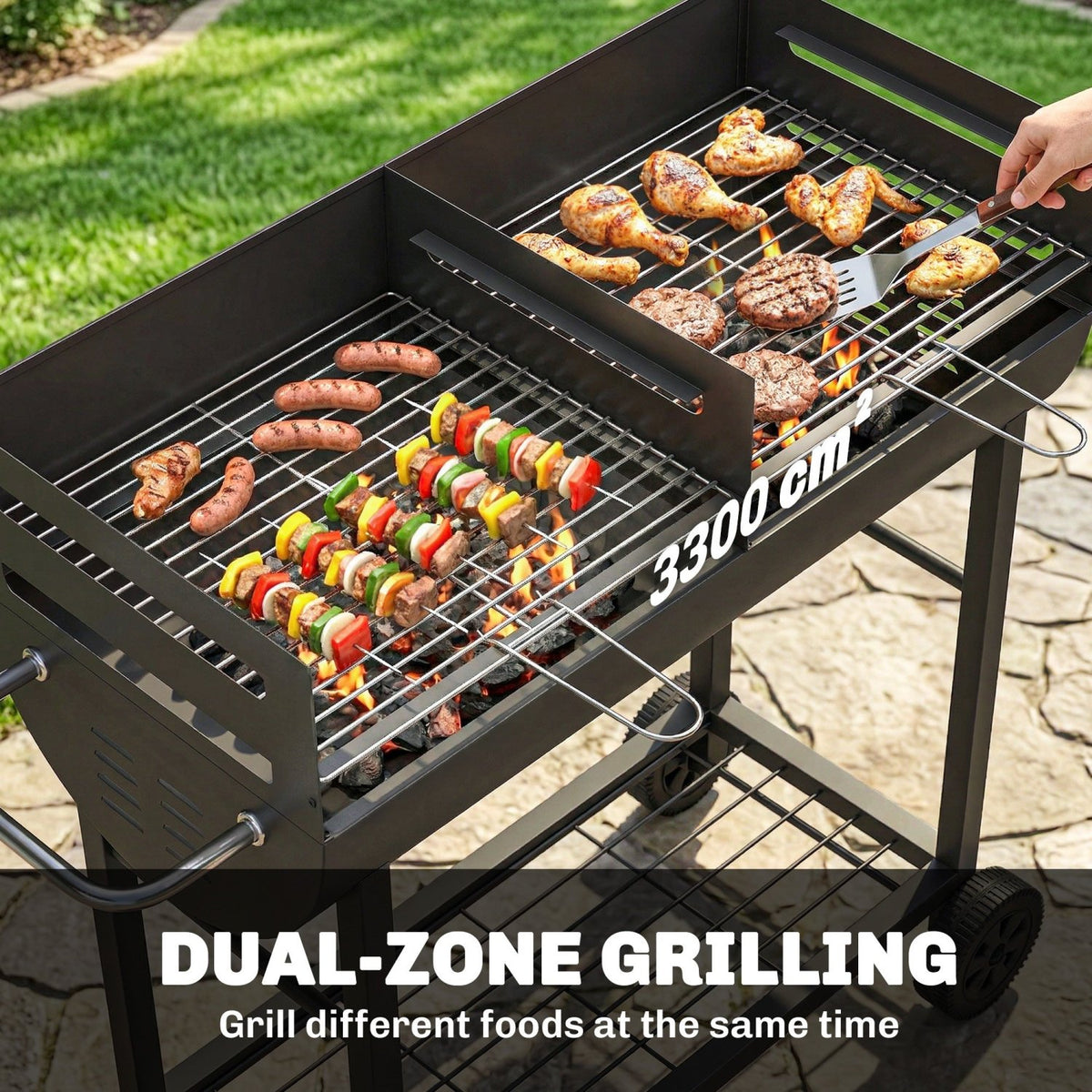 Outsunny Charcoal Barbecue Grill with 2 Cooking Areas, Portable BBQ Trolley with Wheels, Height Adjustable Grates, Bottom Shelf - SGP Garden Ltd