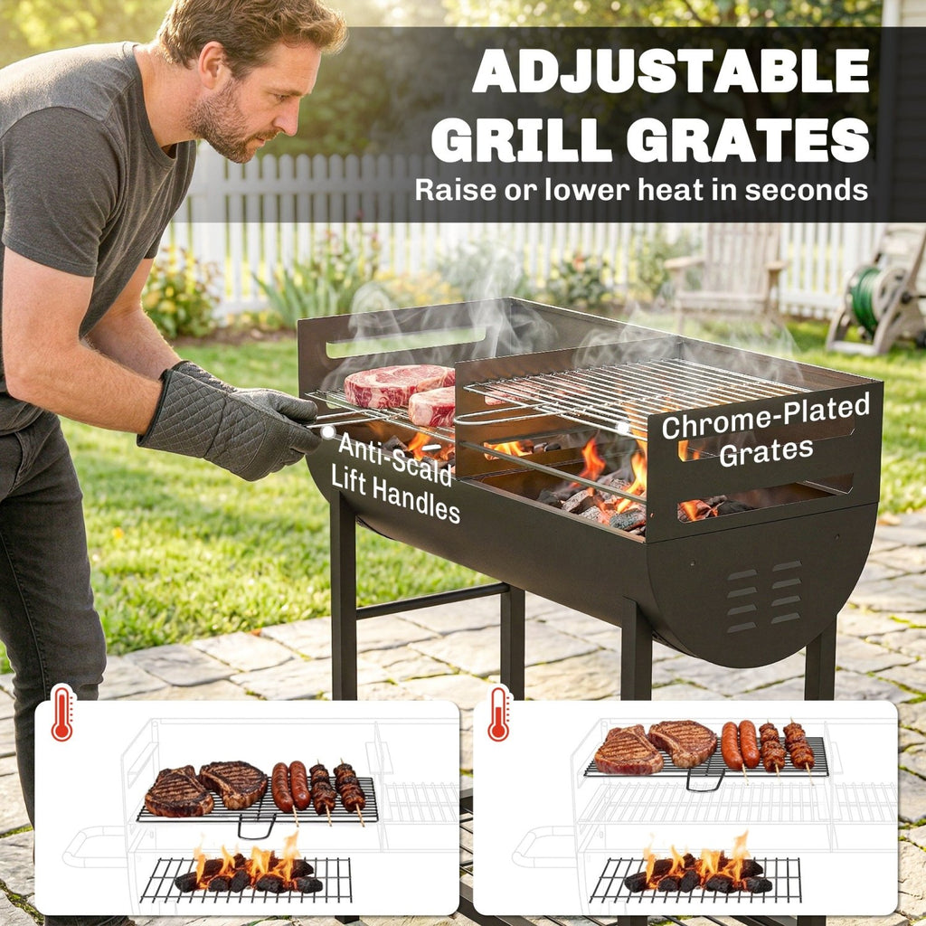 Outsunny Charcoal Barbecue Grill with 2 Cooking Areas, Portable BBQ Trolley with Wheels, Height Adjustable Grates, Bottom Shelf - SGP Garden Ltd