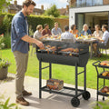 Outsunny Charcoal Barbecue Grill with 2 Cooking Areas, Portable BBQ Trolley with Wheels, Height Adjustable Grates, Bottom Shelf - SGP Garden Ltd
