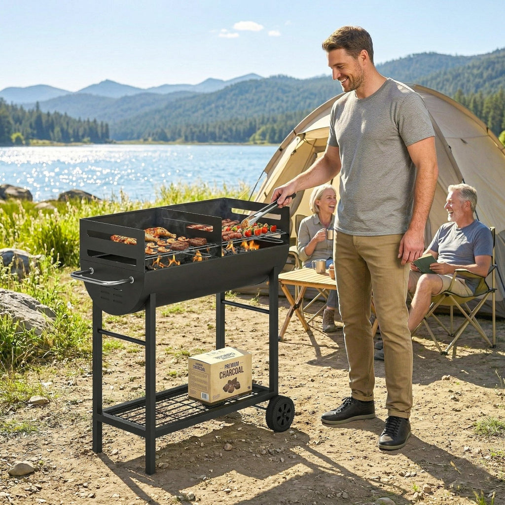 Outsunny Charcoal Barbecue Grill with 2 Cooking Areas, Portable BBQ Trolley with Wheels, Height Adjustable Grates, Bottom Shelf - SGP Garden Ltd