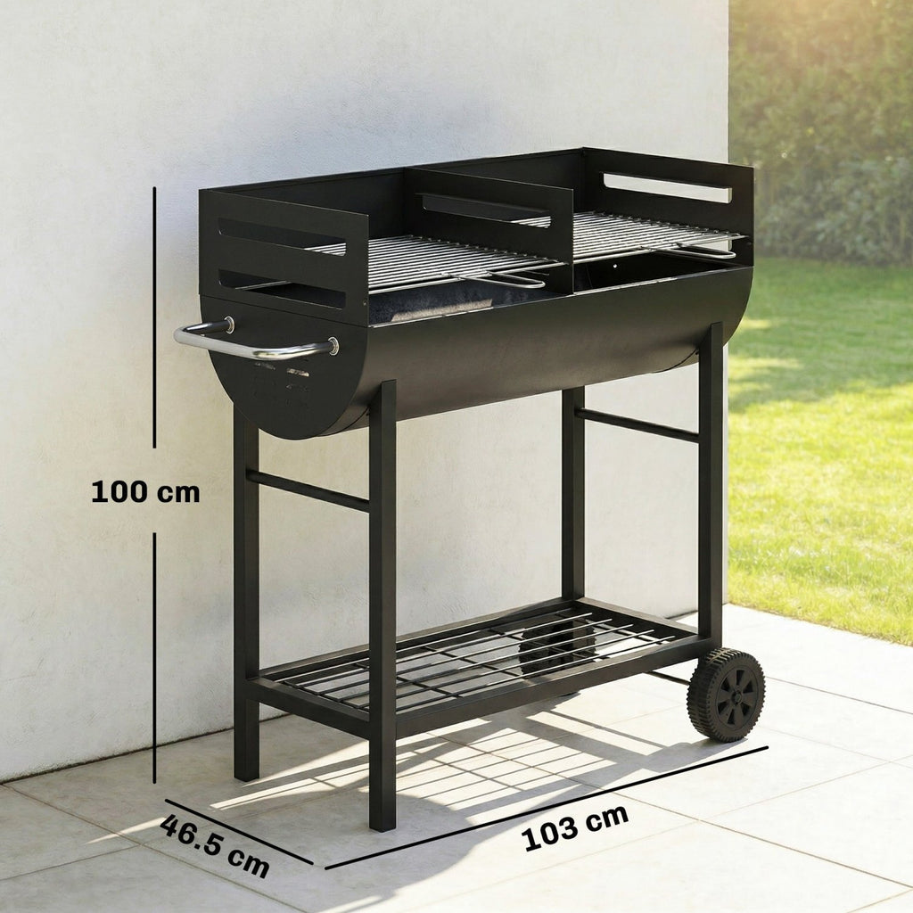 Outsunny Charcoal Barbecue Grill with 2 Cooking Areas, Portable BBQ Trolley with Wheels, Height Adjustable Grates, Bottom Shelf - SGP Garden Ltd