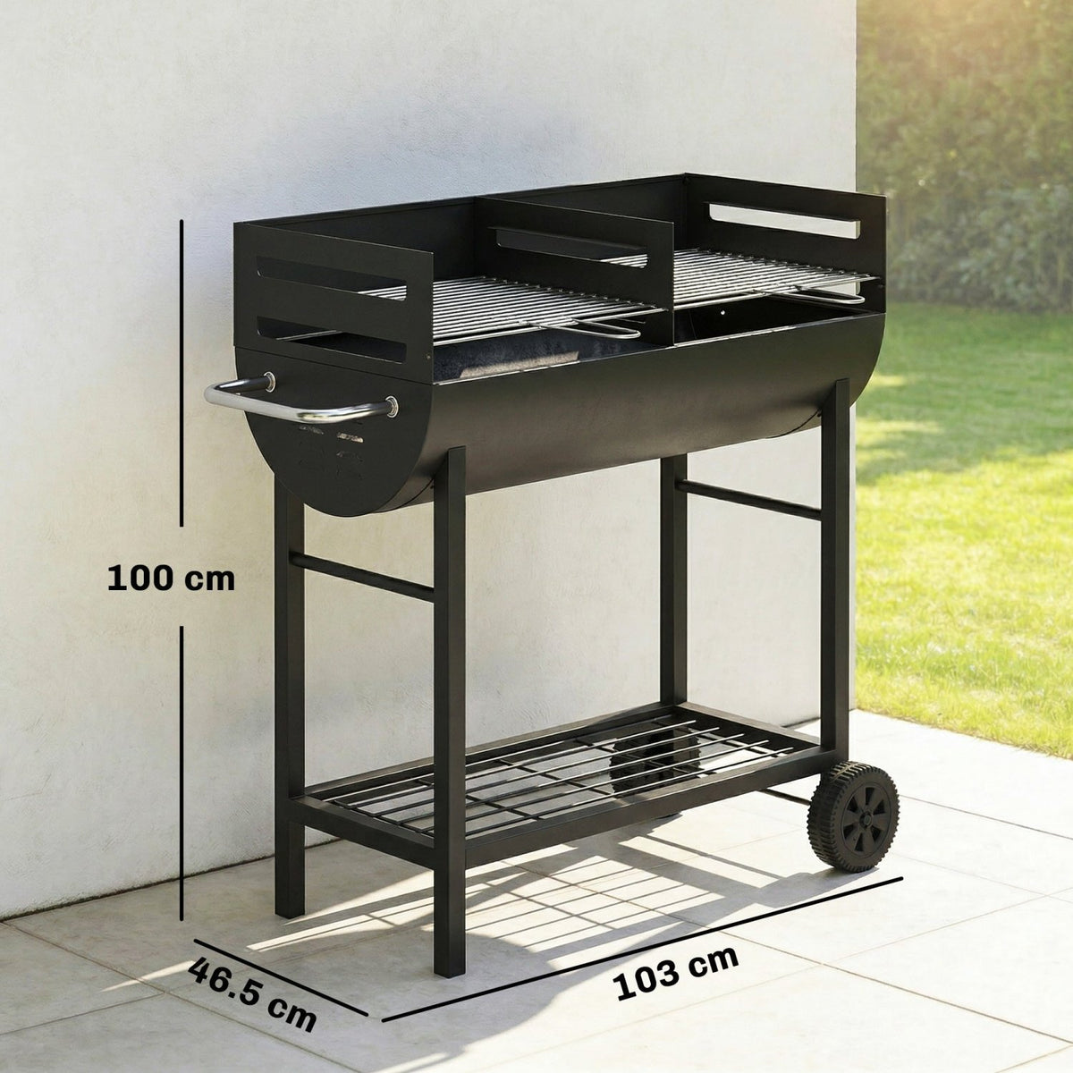 Outsunny Charcoal Barbecue Grill with 2 Cooking Areas, Portable BBQ Trolley with Wheels, Height Adjustable Grates, Bottom Shelf - SGP Garden Ltd