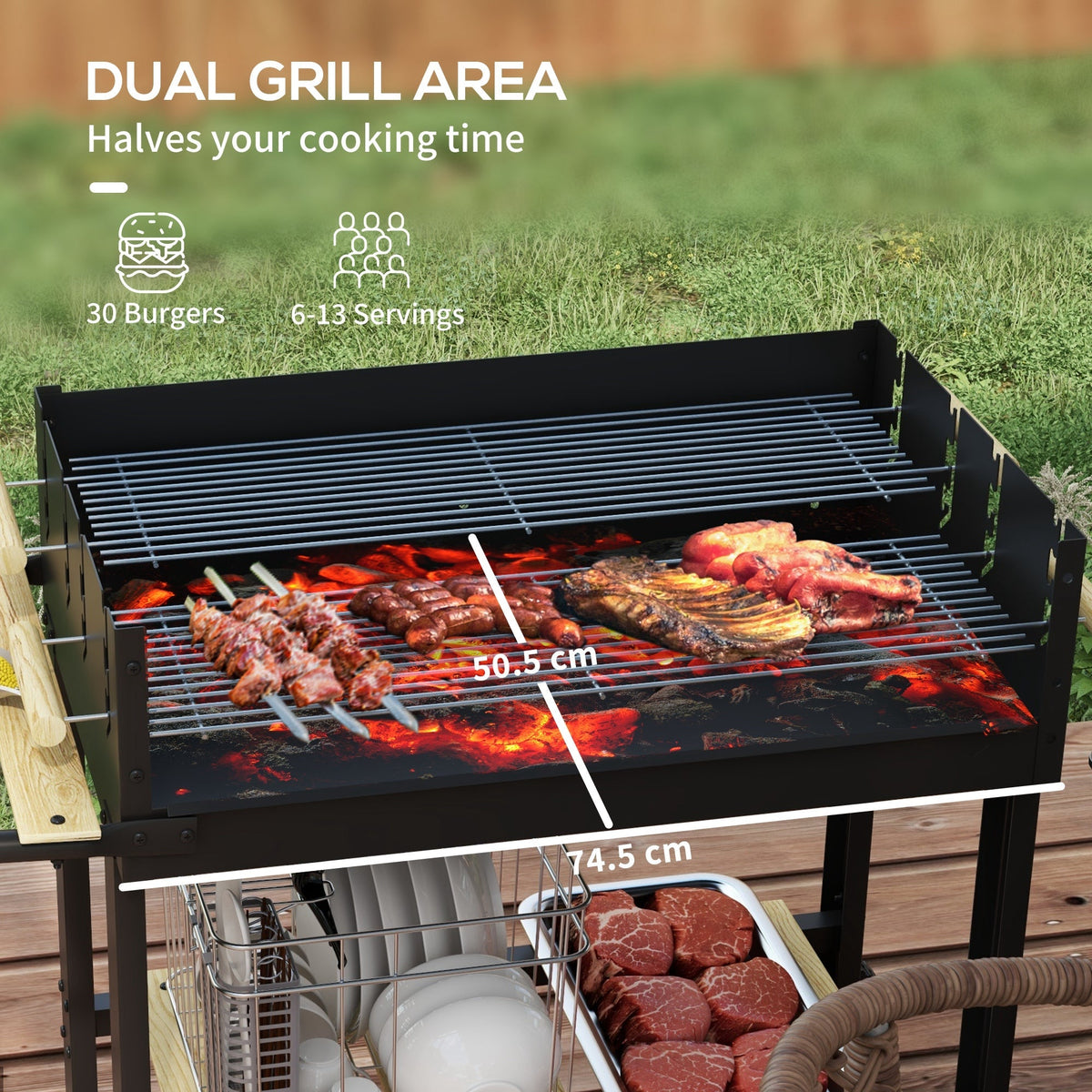 Outsunny Charcoal BBQ Grill, Barbecue Trolley with Double Adjustable Grill, Side Table, Storage Shelf and Wheels for Outdoor Garden Party Cooking, Black - SGP Garden Ltd