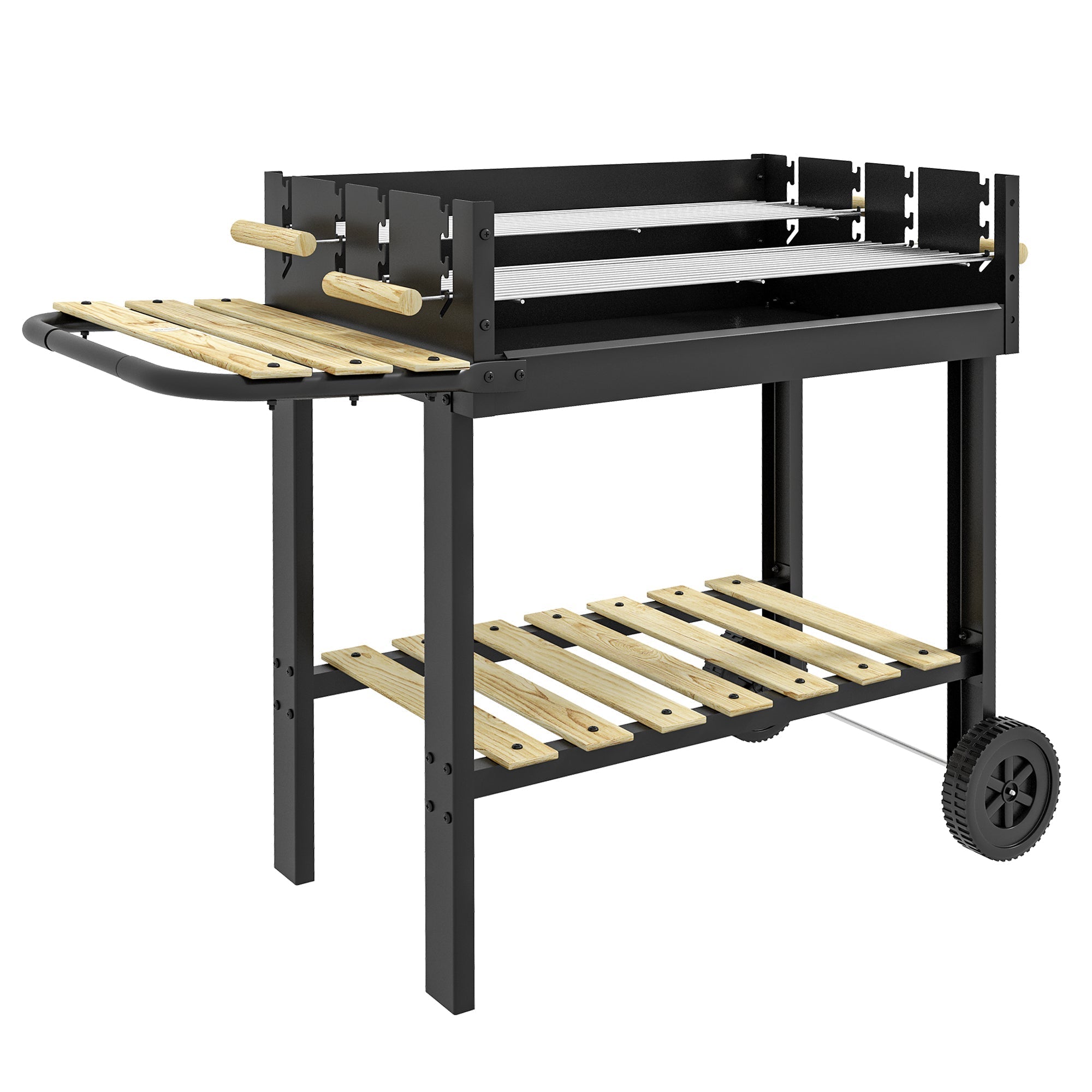Outsunny Charcoal BBQ Grill, Barbecue Trolley with Double Adjustable Grill, Side Table, Storage Shelf and Wheels for Outdoor Garden Party Cooking, Black - SGP Garden Ltd