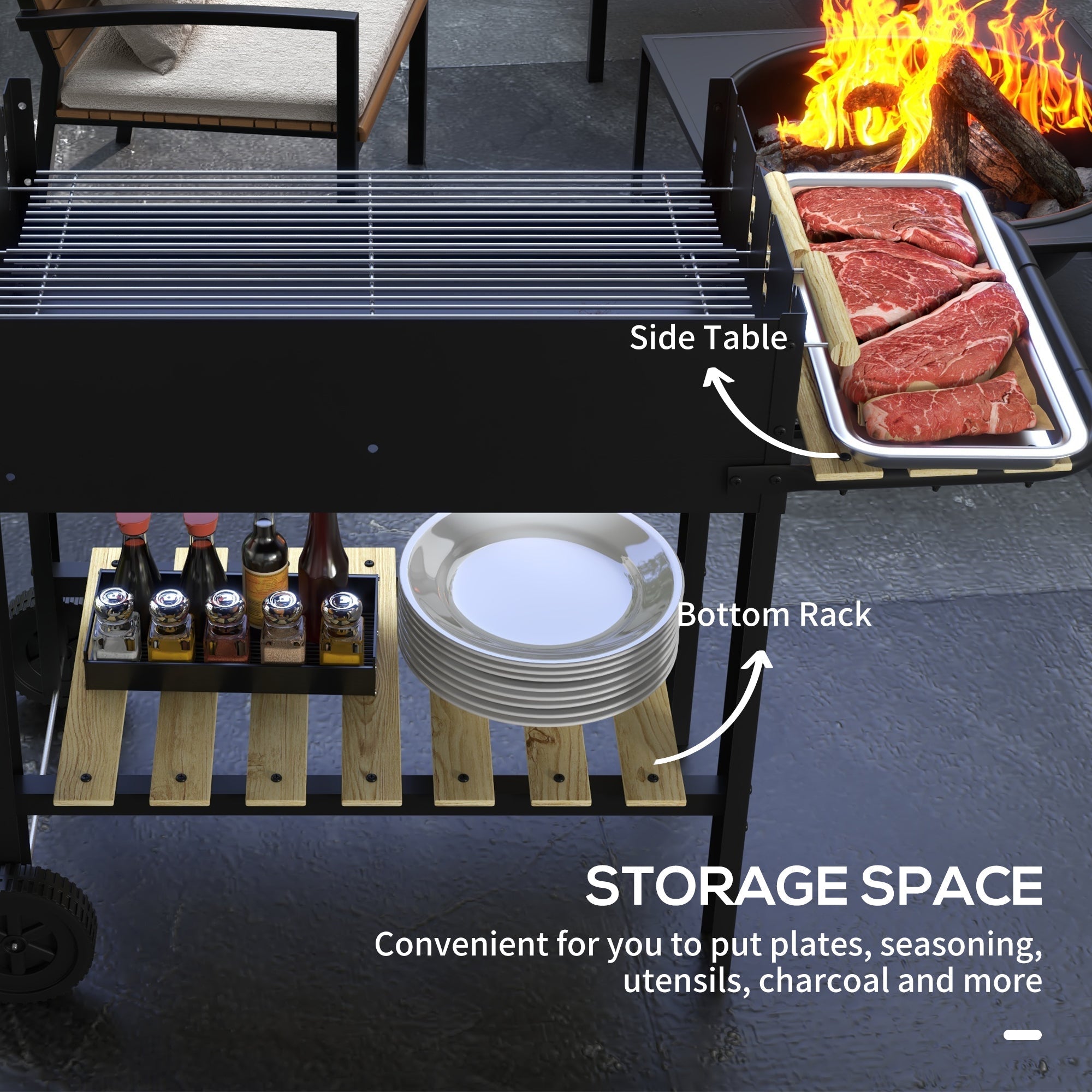 Outsunny Charcoal BBQ Grill, Barbecue Trolley with Double Adjustable Grill, Side Table, Storage Shelf and Wheels for Outdoor Garden Party Cooking, Black - SGP Garden Ltd