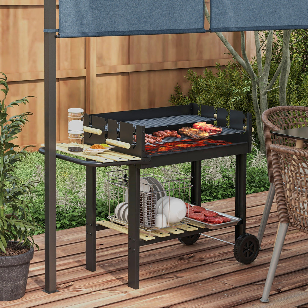 Outsunny Charcoal BBQ Grill, Barbecue Trolley with Double Adjustable Grill, Side Table, Storage Shelf and Wheels for Outdoor Garden Party Cooking, Black - SGP Garden Ltd