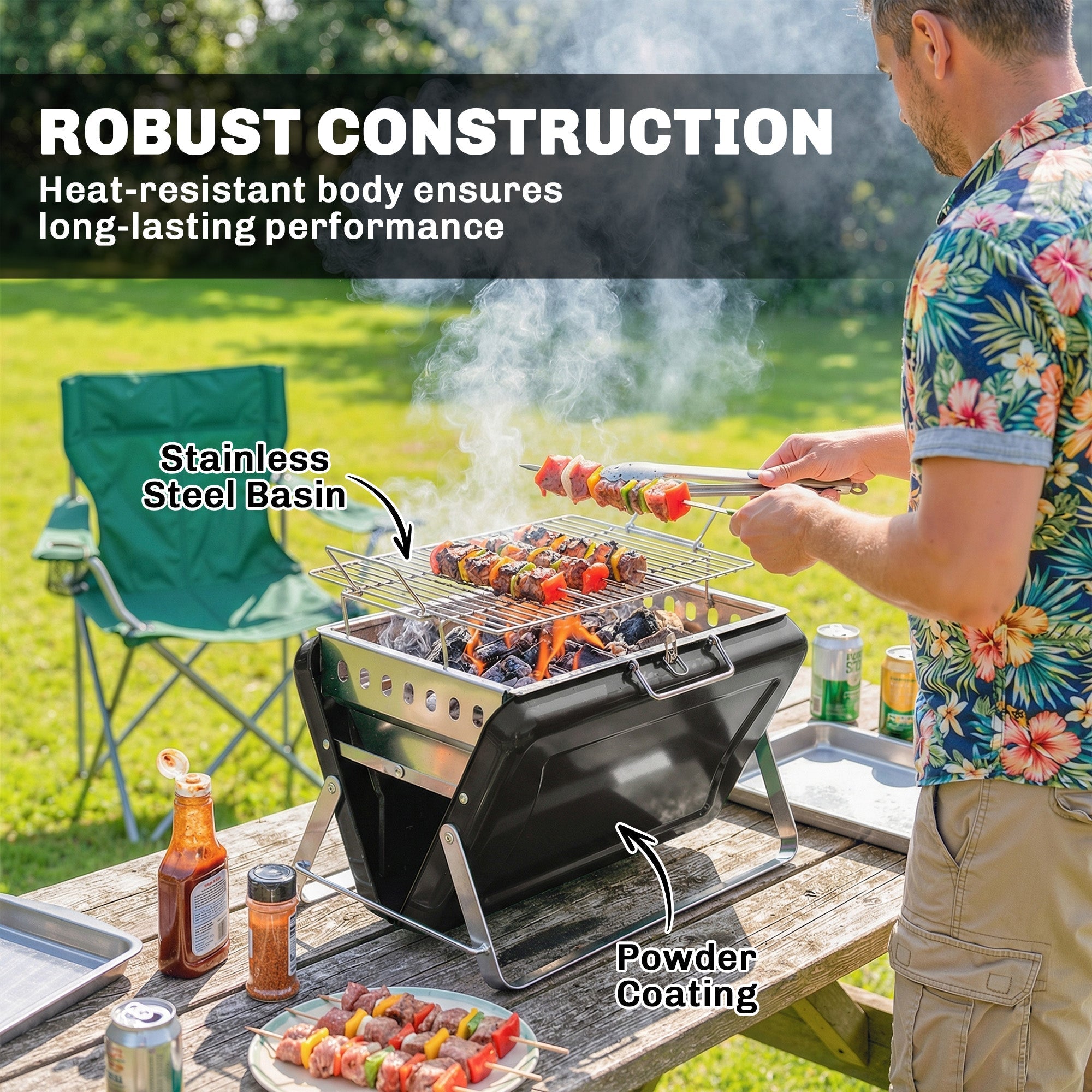 Outsunny Charcoal BBQ Grill Portable Stainless Steel Barbecue with Tilting Grate for Camping Picnic Garden Black - SGP Garden Ltd