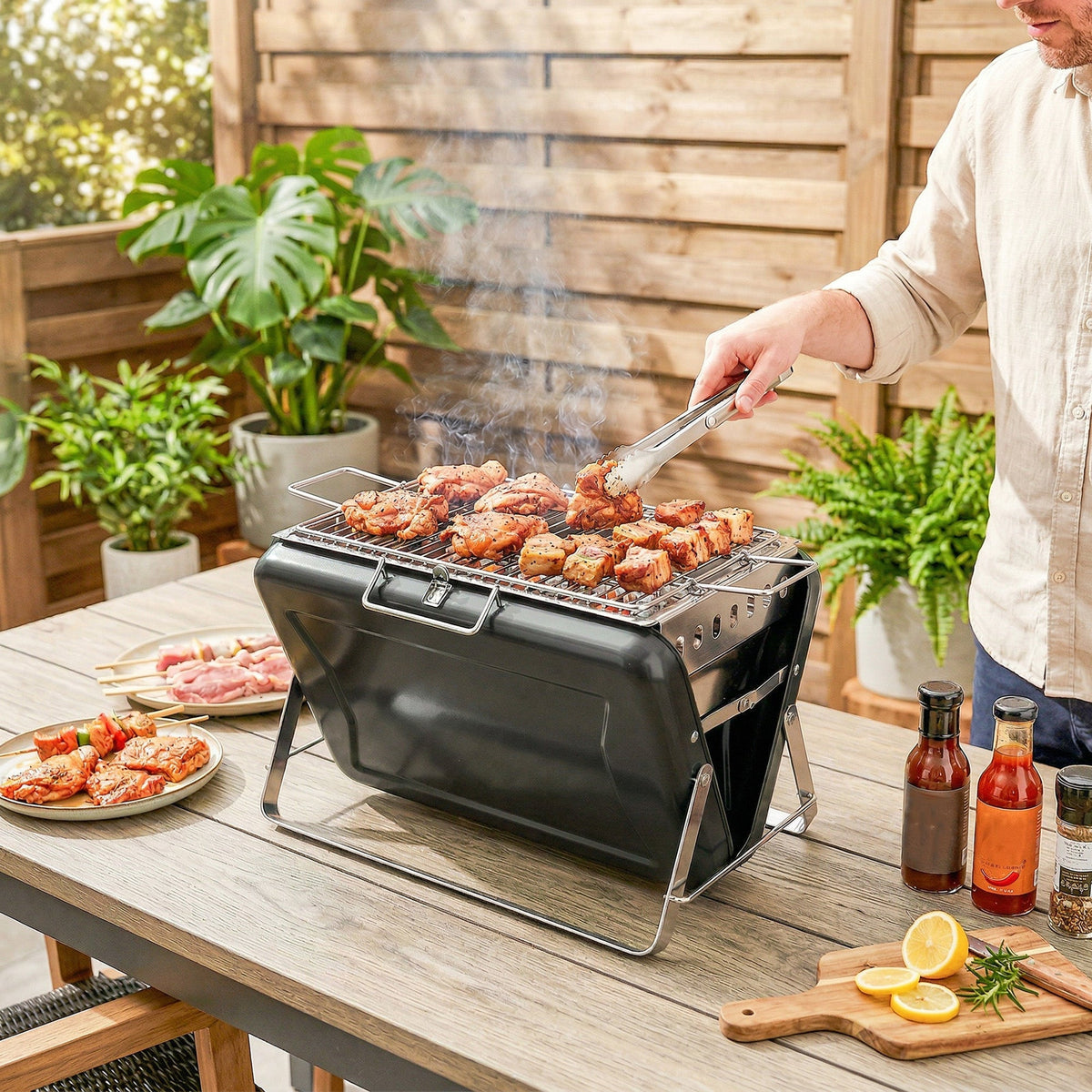 Outsunny Charcoal BBQ Grill Portable Stainless Steel Barbecue with Tilting Grate for Camping Picnic Garden Black - SGP Garden Ltd