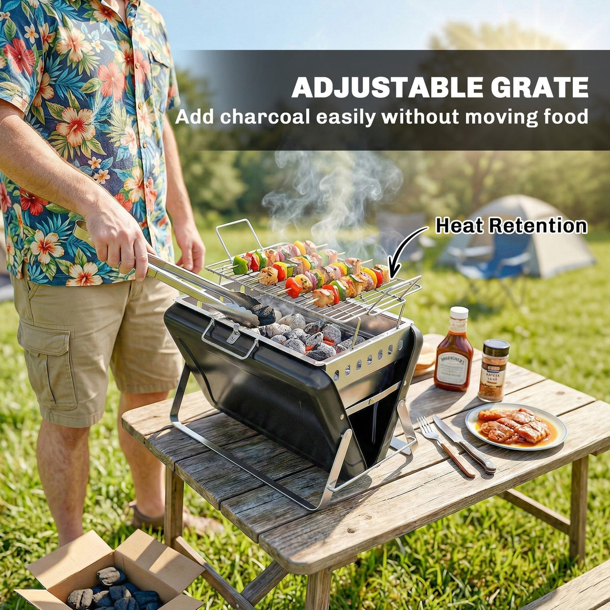 Outsunny Charcoal BBQ Grill Portable Stainless Steel Barbecue with Tilting Grate for Camping Picnic Garden Black - SGP Garden Ltd